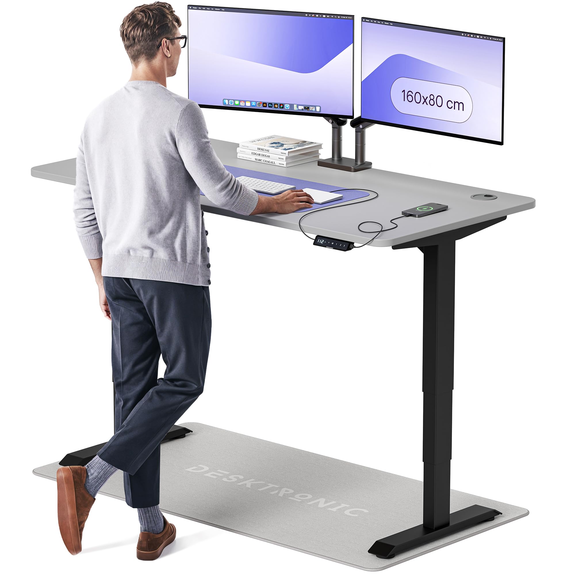 Desktronic HomePro Höhenverstellbarer Schreibtisch 160 × 80 cm – Elektrischer Schreibtisch Mit Zwei Elektrischen Motoren, Touchscreen-Steuerung und Integrierten USB-A- und USB-C-Ladeanschlüssen