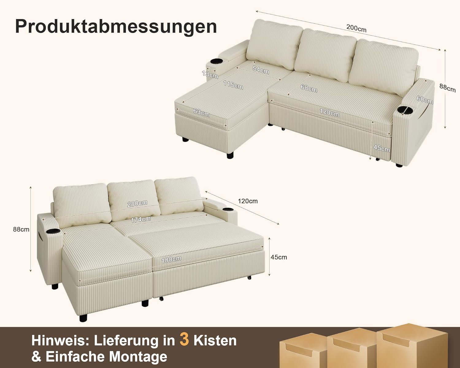 Devoko Ecksofa mit Schlaffunktion und Bettkasten L-Form Sofa 3-Sitzer Ausziehbares Schlafsofa Velours Couch Kleines Schlafcouch für Wohnung und Wohnzimmer, Beige