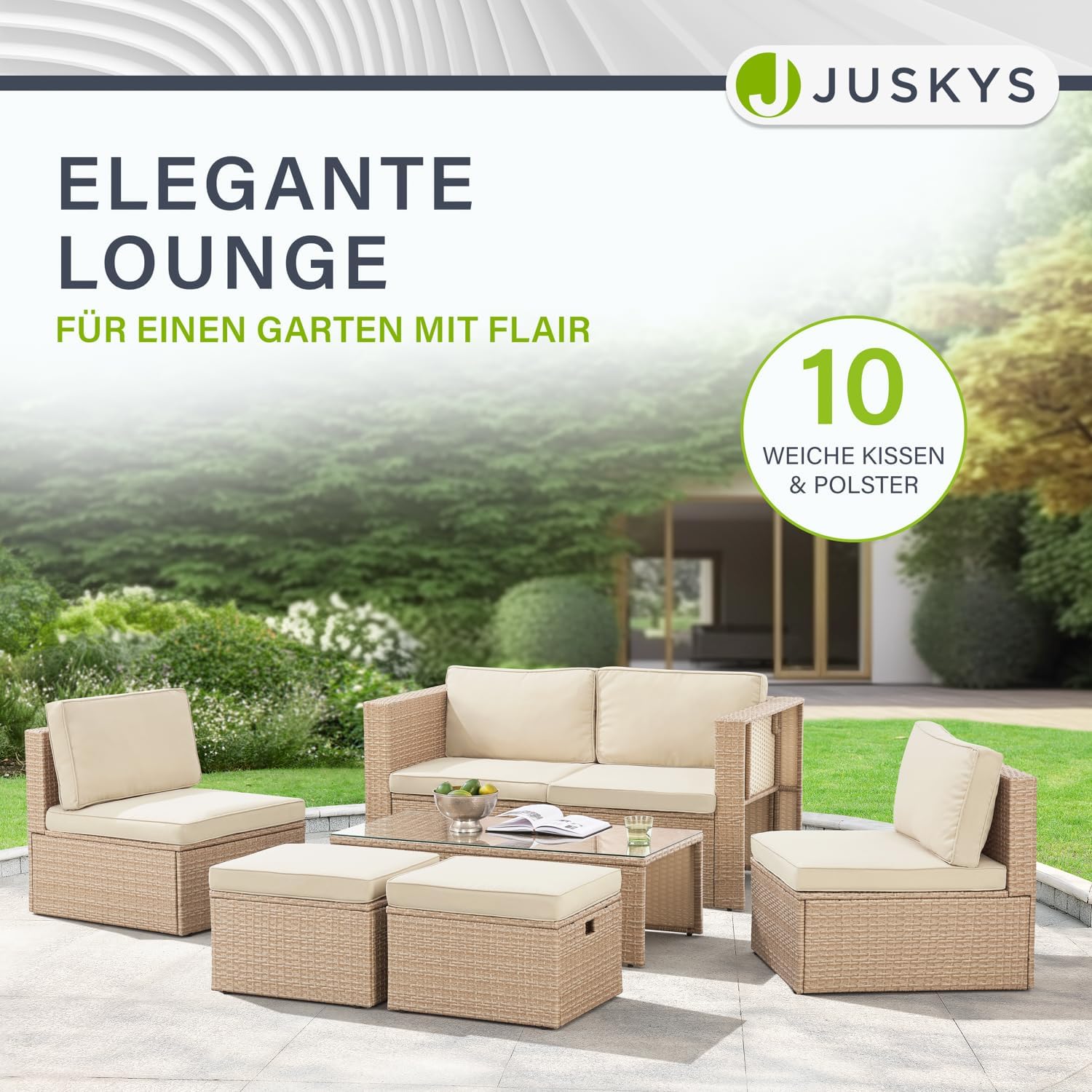 Juskys® Polyrattan Gartenmöbel Set Salou inkl. Abdeckung - Outdoor Lounge wetterfest 6 Personen - Sitzecke mit Tisch & Kissen für Garten, Balkon, Terrasse - Creme/Sand