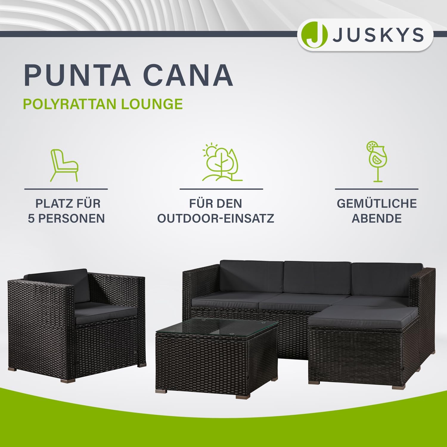 Juskys Polyrattan Lounge Punta Cana L für 4-5 Personen mit 3er Sofa, Sessel, Hocker, Tisch & Kissen, Sitzgruppe für Garten, Terrasse und Balkon, Gartenmöbel Set wetterfest - Schwarz/Grau