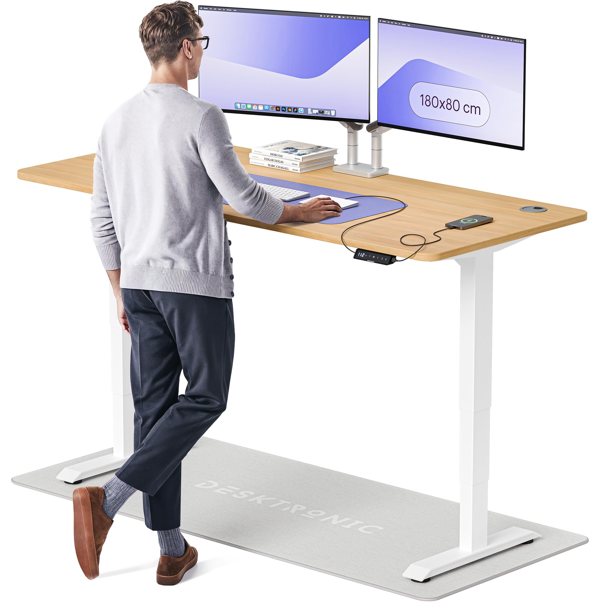 Desktronic HomePro Höhenverstellbarer Schreibtisch 160 × 80 cm – Elektrischer Schreibtisch Mit Zwei Elektrischen Motoren, Touchscreen-Steuerung und Integrierten USB-A- und USB-C-Ladeanschlüssen