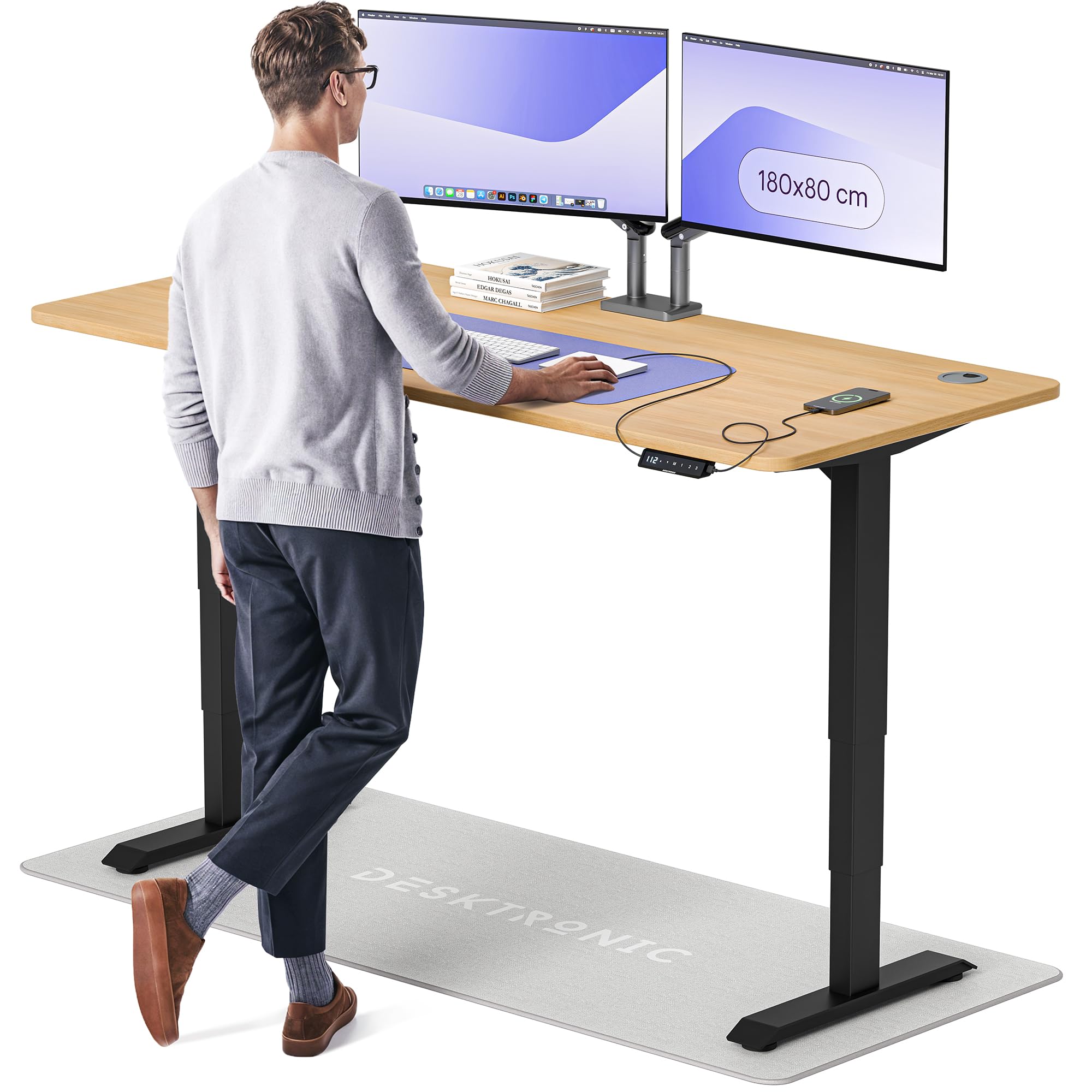 Desktronic HomePro Höhenverstellbarer Schreibtisch 160 × 80 cm – Elektrischer Schreibtisch Mit Zwei Elektrischen Motoren, Touchscreen-Steuerung und Integrierten USB-A- und USB-C-Ladeanschlüssen