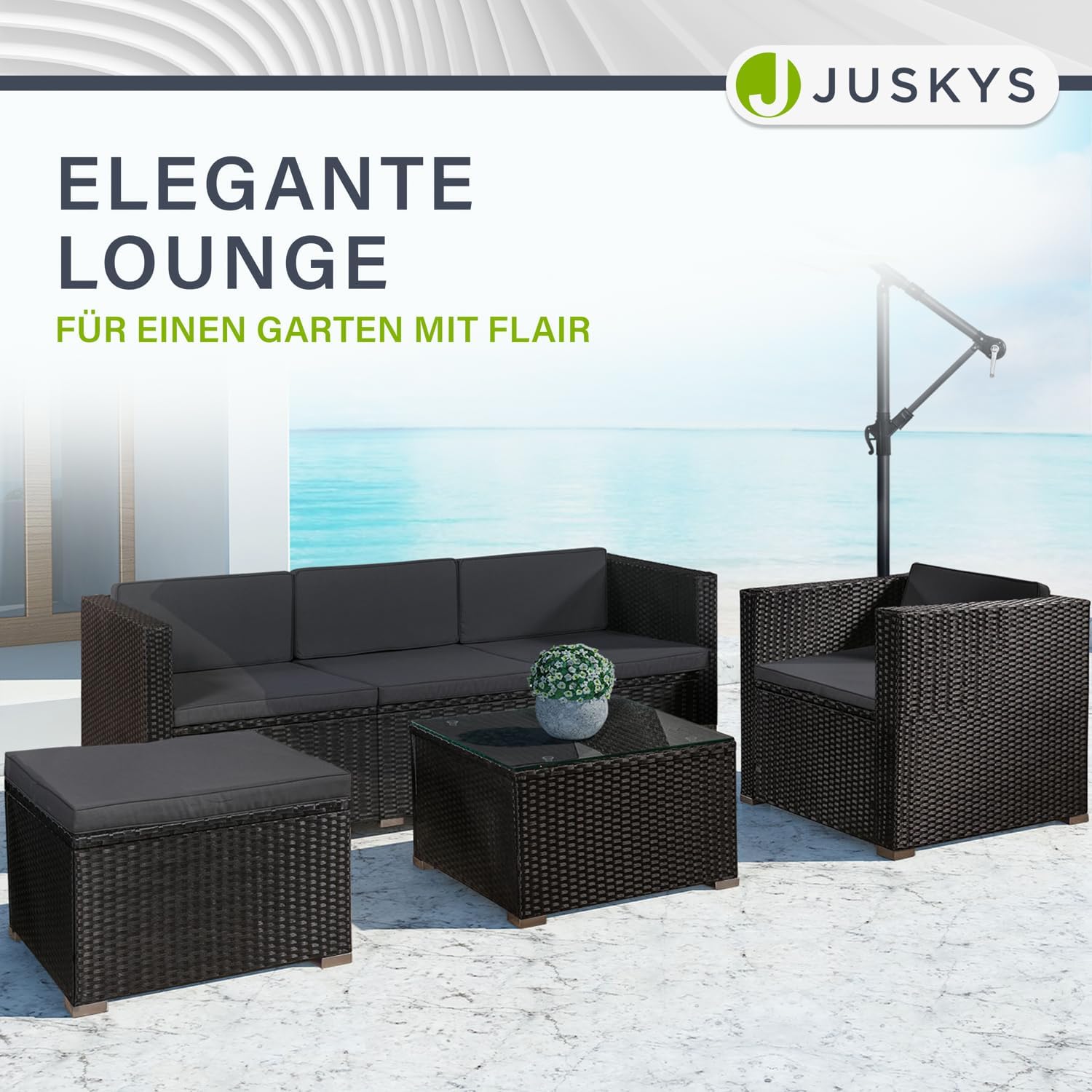 Juskys Polyrattan Lounge Punta Cana L für 4-5 Personen mit 3er Sofa, Sessel, Hocker, Tisch & Kissen, Sitzgruppe für Garten, Terrasse und Balkon, Gartenmöbel Set wetterfest - Schwarz/Grau