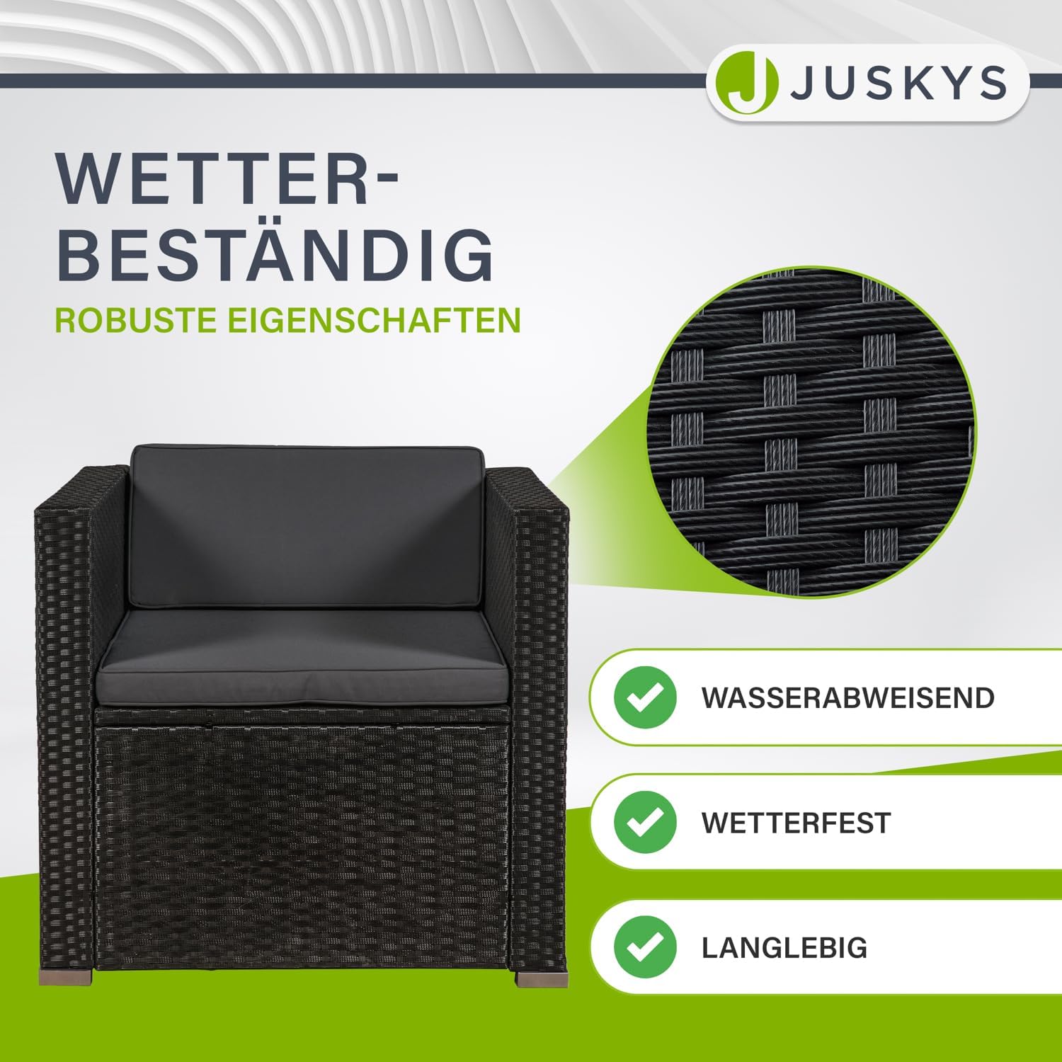 Juskys Polyrattan Lounge Punta Cana L für 4-5 Personen mit 3er Sofa, Sessel, Hocker, Tisch & Kissen, Sitzgruppe für Garten, Terrasse und Balkon, Gartenmöbel Set wetterfest - Schwarz/Grau