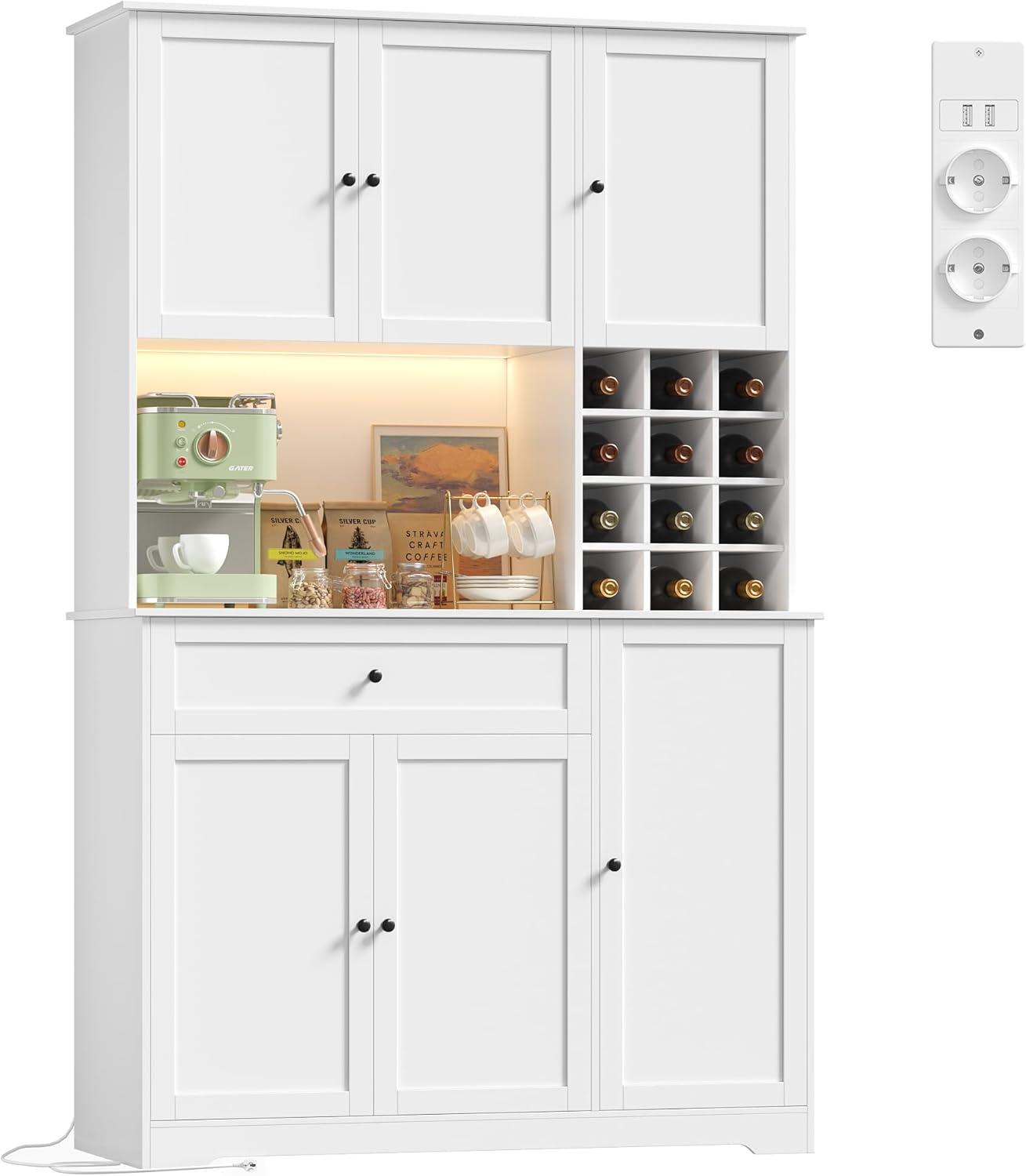 FirFurd Küchenschrank 180cm Buffetschrank mit LED Sideboard für Küche mit Steckdosenleiste Küchenschrank mit Arbeitsplatte & Weinregal für 12 Flaschen Küchenbuffet Küchenmöbel 180x100x39cm weiß