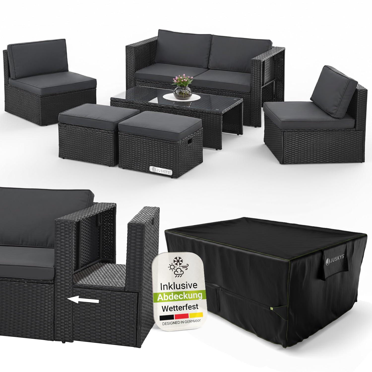 Juskys® Polyrattan Gartenmöbel Set Salou inkl. Abdeckung - Outdoor Lounge wetterfest 6 Personen - Sitzecke mit Tisch & Kissen für Garten, Balkon, Terrasse - Creme/Sand