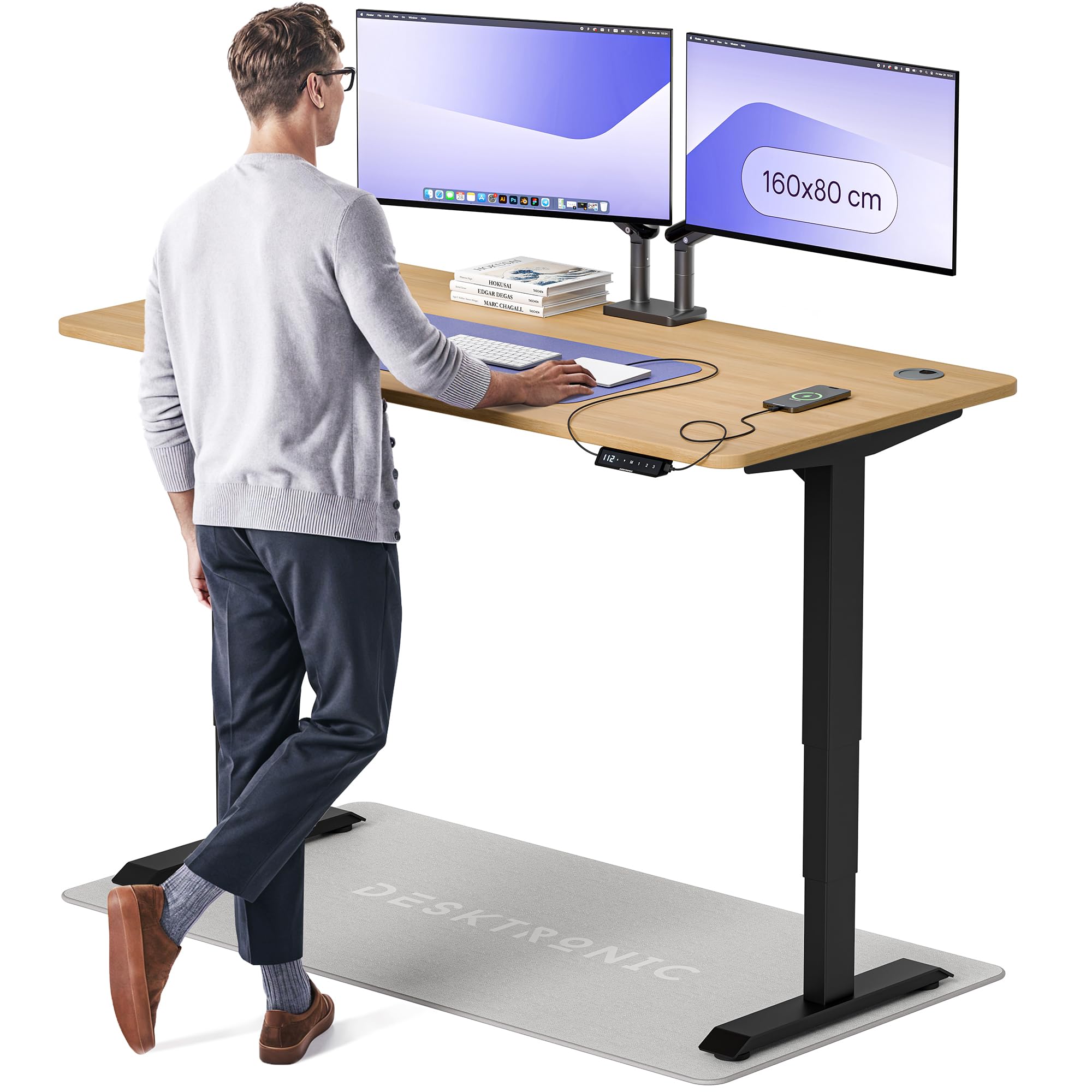 Desktronic HomePro Höhenverstellbarer Schreibtisch 160 × 80 cm – Elektrischer Schreibtisch Mit Zwei Elektrischen Motoren, Touchscreen-Steuerung und Integrierten USB-A- und USB-C-Ladeanschlüssen