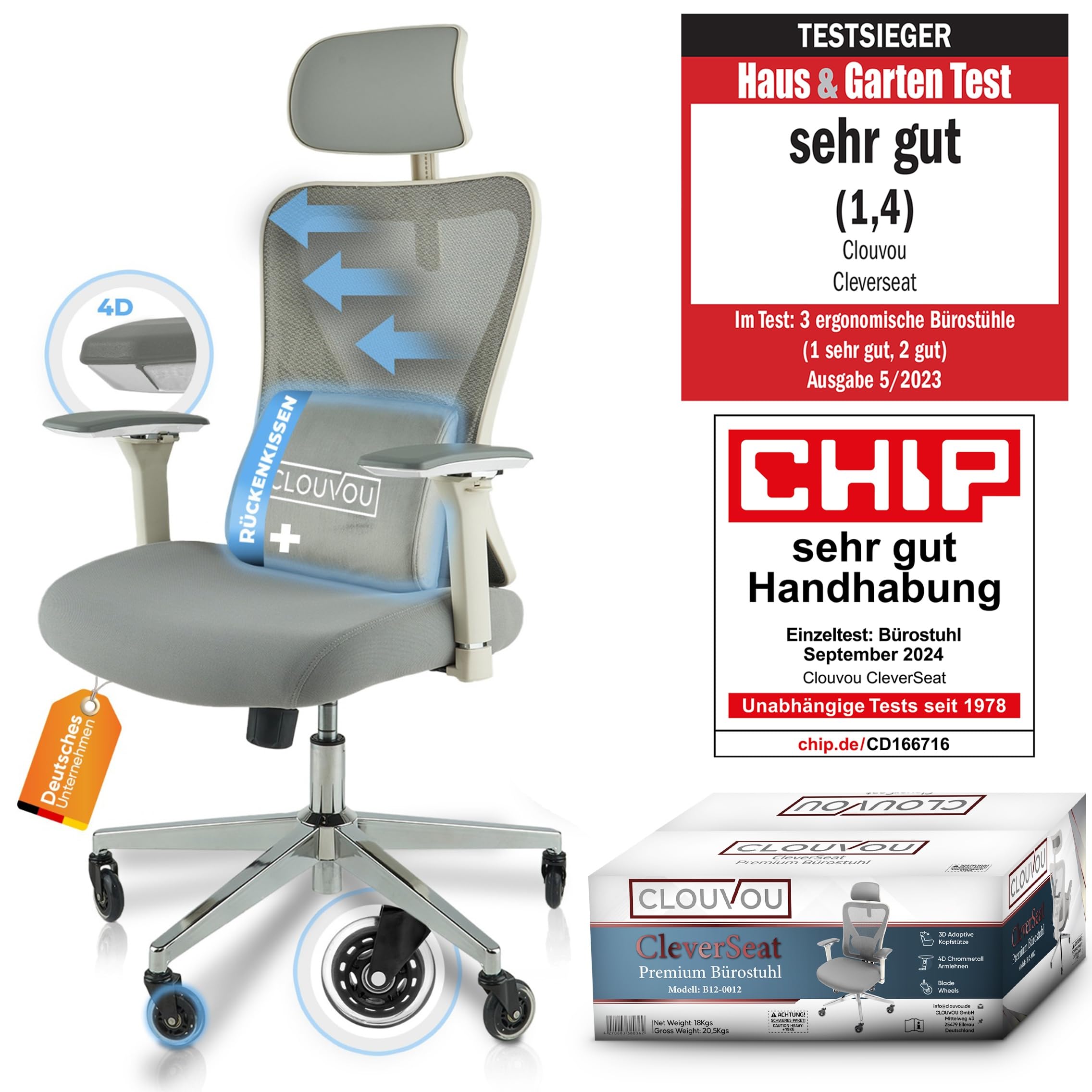 CleverSeat Bürostuhl Ergonomisch [TESTSIEGER] Schreibtischstuhl 100% individuell einstellbar | Büro Stuhl & Gaming Stuhl | Computerstuhl Home Office Chair Ergonomic | Drehstuhl 150 kg