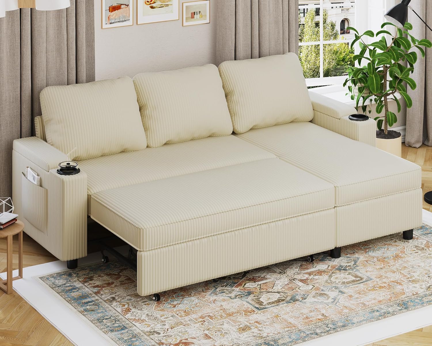 Devoko Ecksofa mit Schlaffunktion und Bettkasten L-Form Sofa 3-Sitzer Ausziehbares Schlafsofa Velours Couch Kleines Schlafcouch für Wohnung und Wohnzimmer, Beige