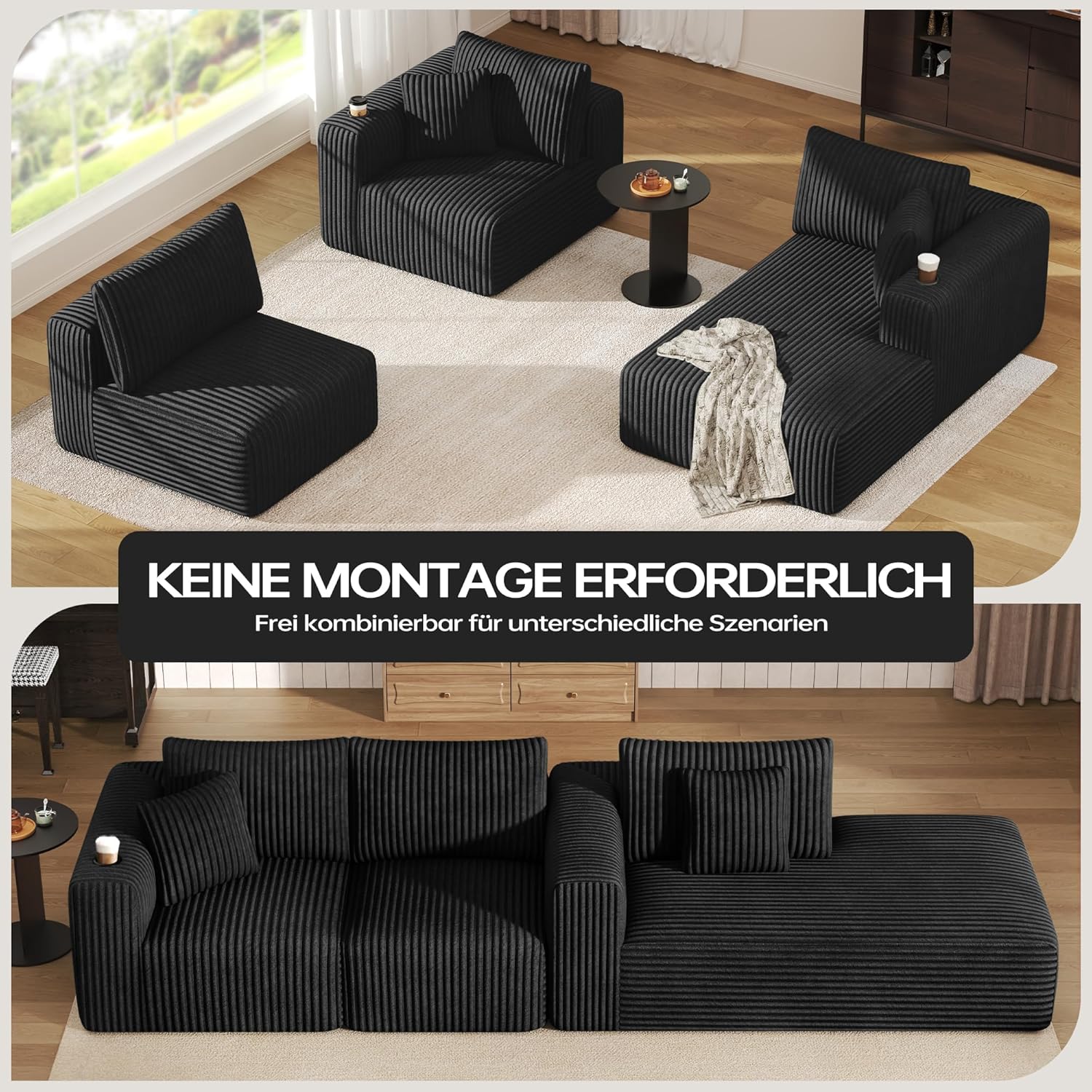DURASPACE Modulares Sofa, Cloud Boneless Couch mit tiefer Sitzfläche, Getränkehalter, Memory-Schaumstoff, L-förmige Couch aus Cord, ausziehbares Schlafsofa für Wohnzimmer und Schlafzimmer, keine Monta