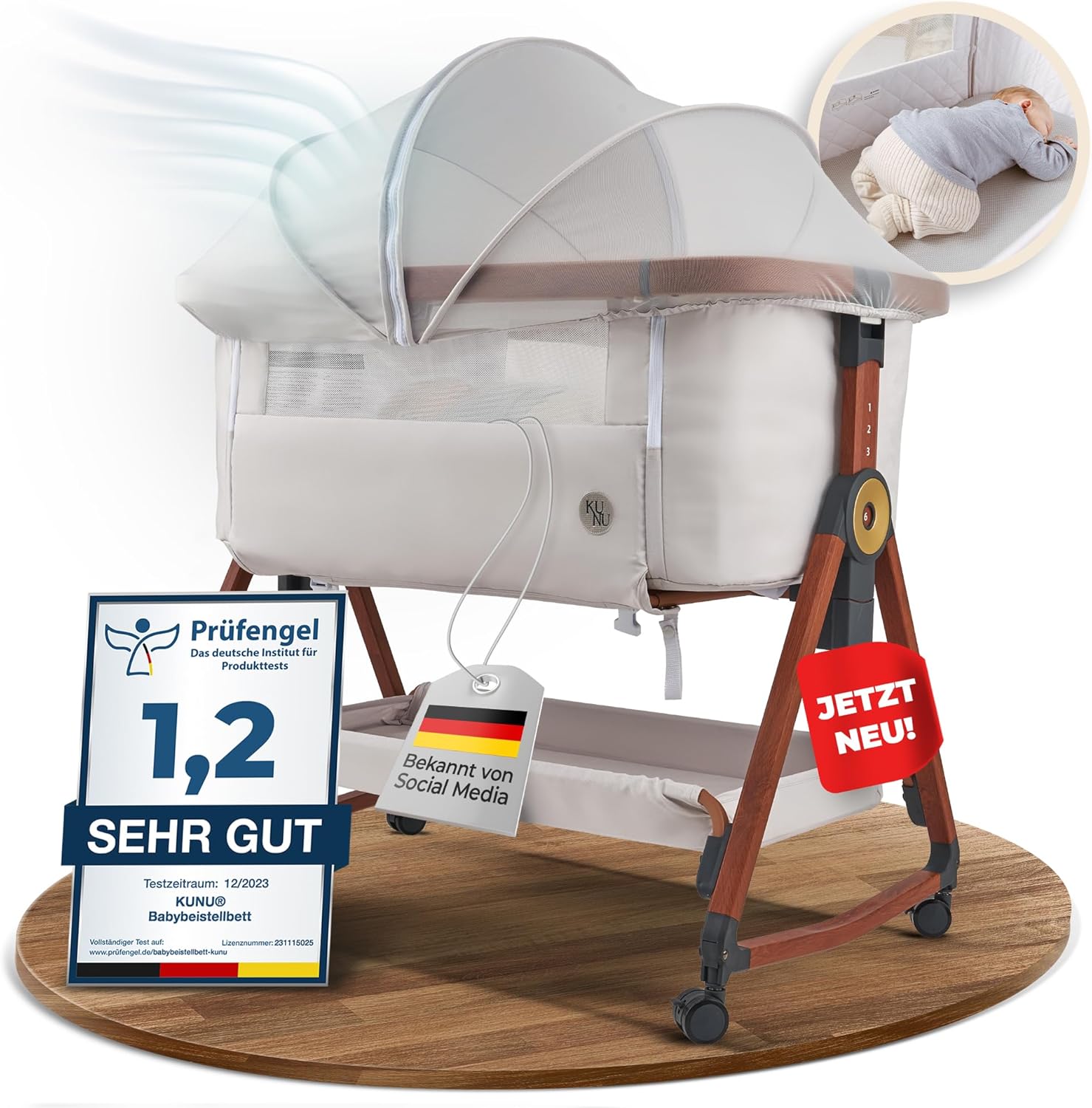 KUNU® Babybett - Beistellbett Baby mit Rollen für Boxspringbett - 3 in 1 rollbares Baby Bett Reise Babywiege - Stubenwagen mit Wiegefunktion & höhenverstellbar - Sicheres Reisebett inkl Reisetasche