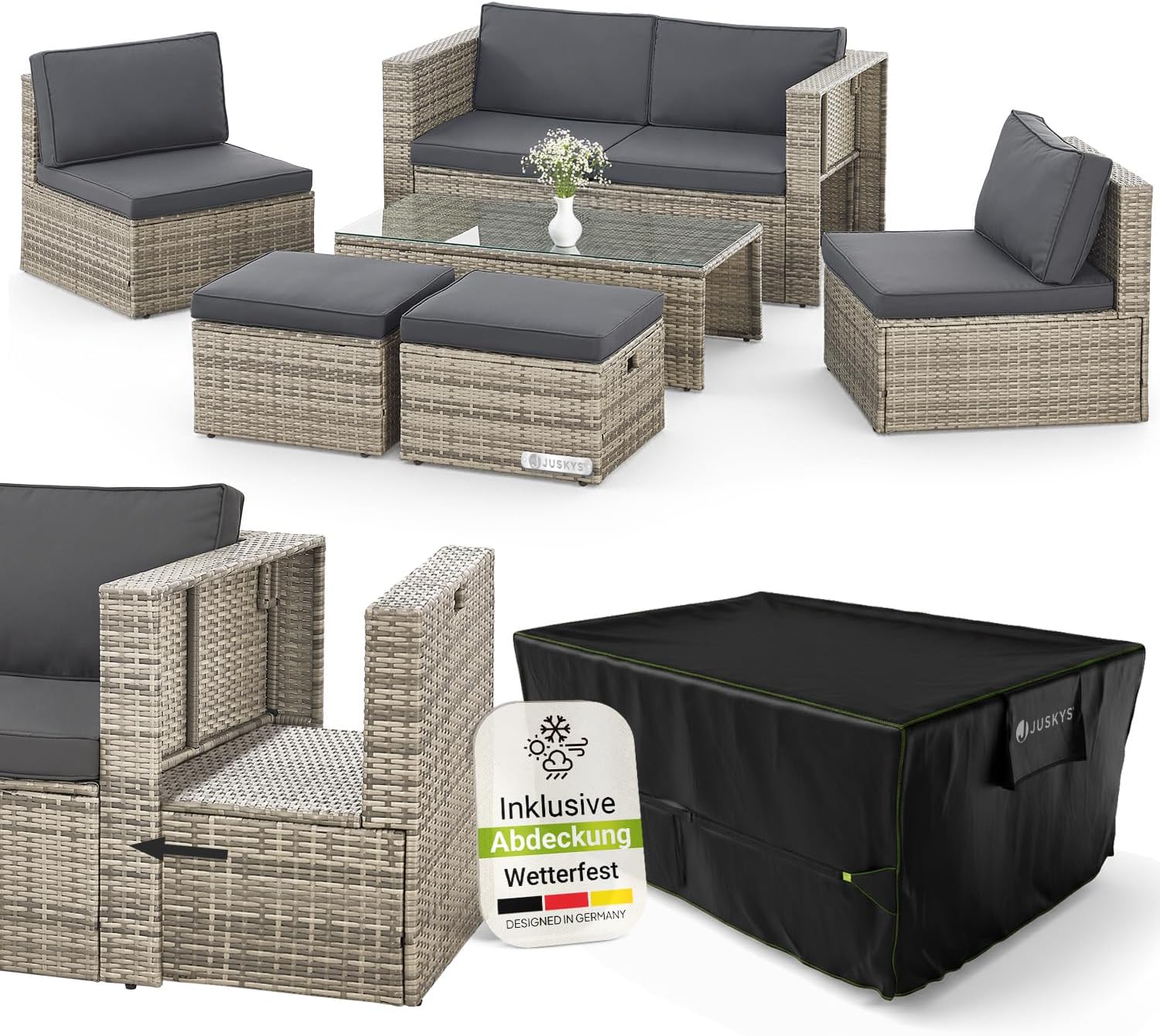 Juskys® Polyrattan Gartenmöbel Set Salou inkl. Abdeckung - Outdoor Lounge wetterfest 6 Personen - Sitzecke mit Tisch & Kissen für Garten, Balkon, Terrasse - Grau