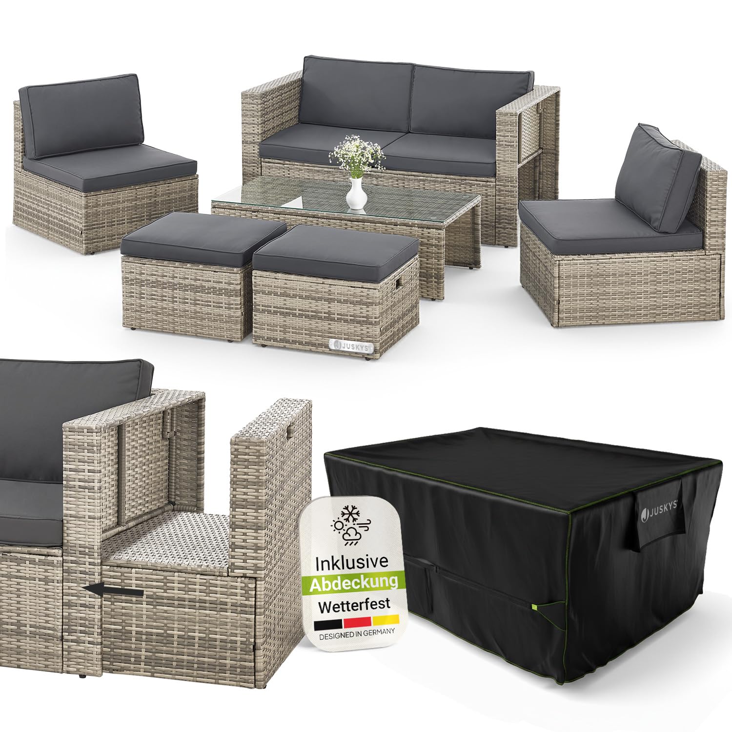 Juskys® Polyrattan Gartenmöbel Set Salou inkl. Abdeckung - Outdoor Lounge wetterfest 6 Personen - Sitzecke mit Tisch & Kissen für Garten, Balkon, Terrasse - Creme/Sand