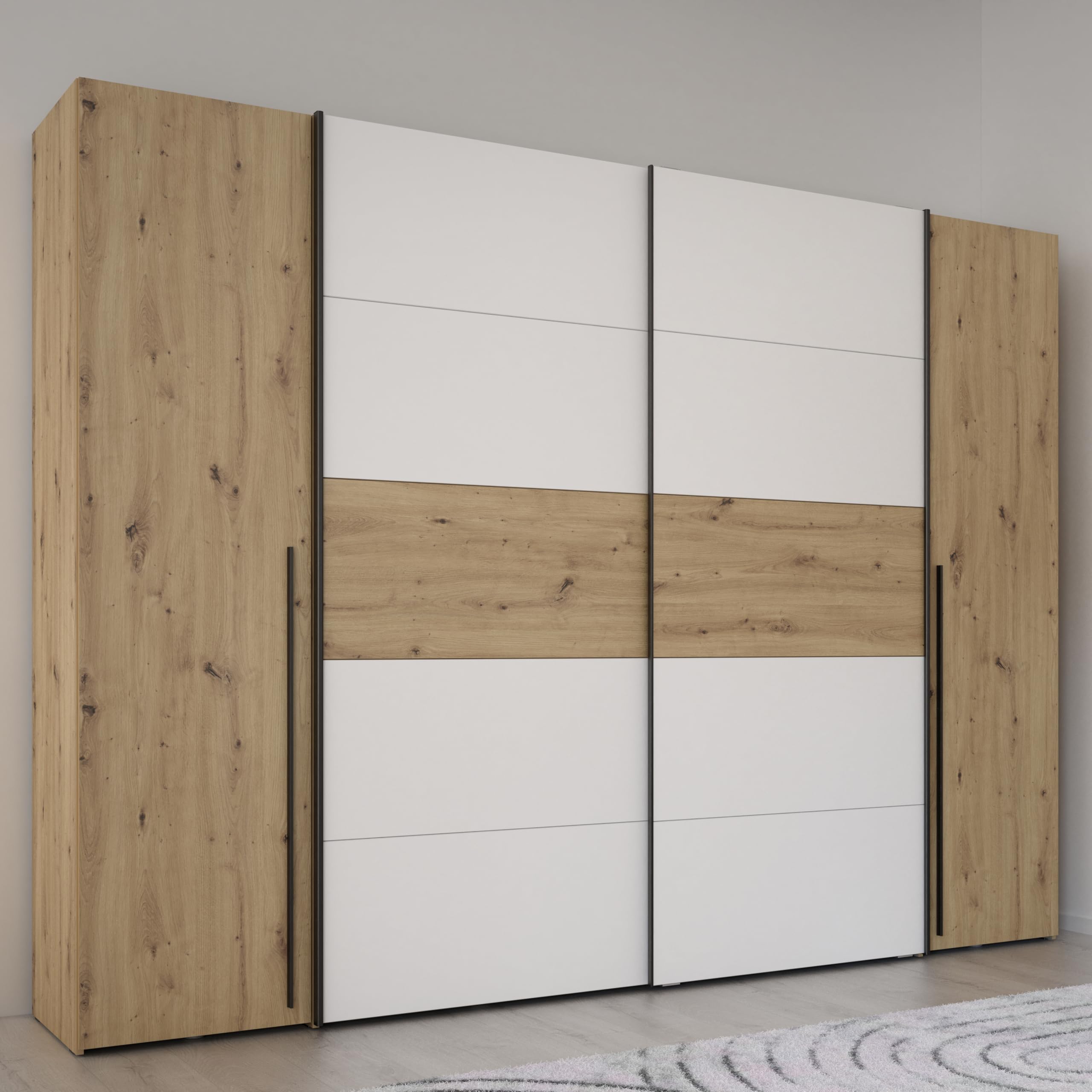 FORTE JABIM Schrank 280, Kleiderschrank mit Passepartout und LED Beleuchtung, Schwebetürenschrank groß Schlafzimmer 4-türig Holzdekor: Alpenfichte/Schwarz, 279 cm breit x 215 cm hoch x 64 cm tief