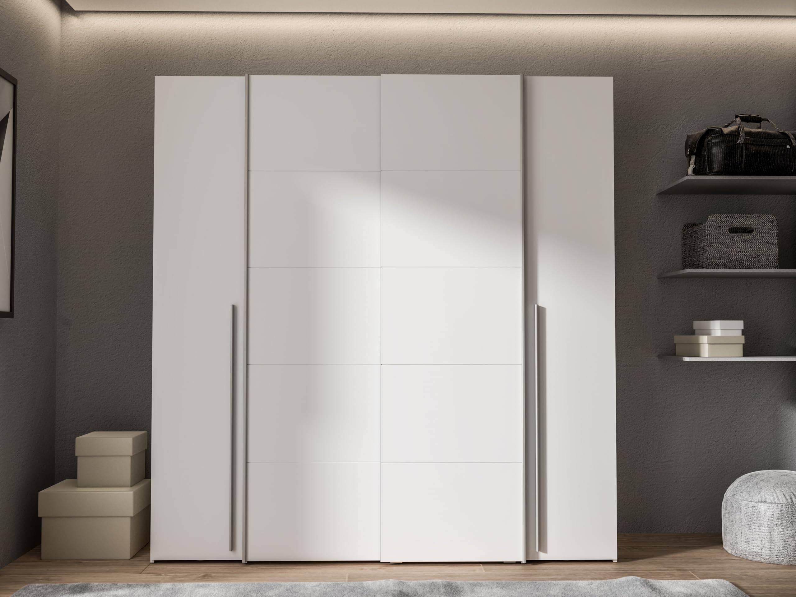 FORTE JABIM Schrank 280, Kleiderschrank mit Passepartout und LED Beleuchtung, Schwebetürenschrank groß Schlafzimmer 4-türig Holzdekor: Alpenfichte/Schwarz, 279 cm breit x 215 cm hoch x 64 cm tief