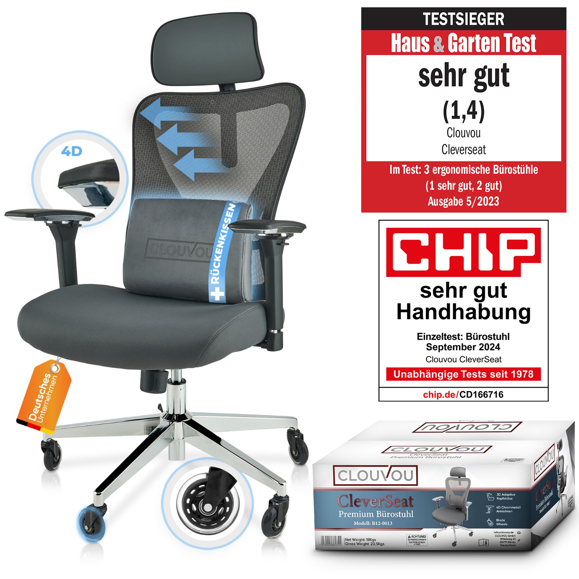 CleverSeat Bürostuhl Ergonomisch [TESTSIEGER] Schreibtischstuhl 100% individuell einstellbar | Büro Stuhl & Gaming Stuhl | Computerstuhl Home Office Chair Ergonomic | Drehstuhl 150 kg