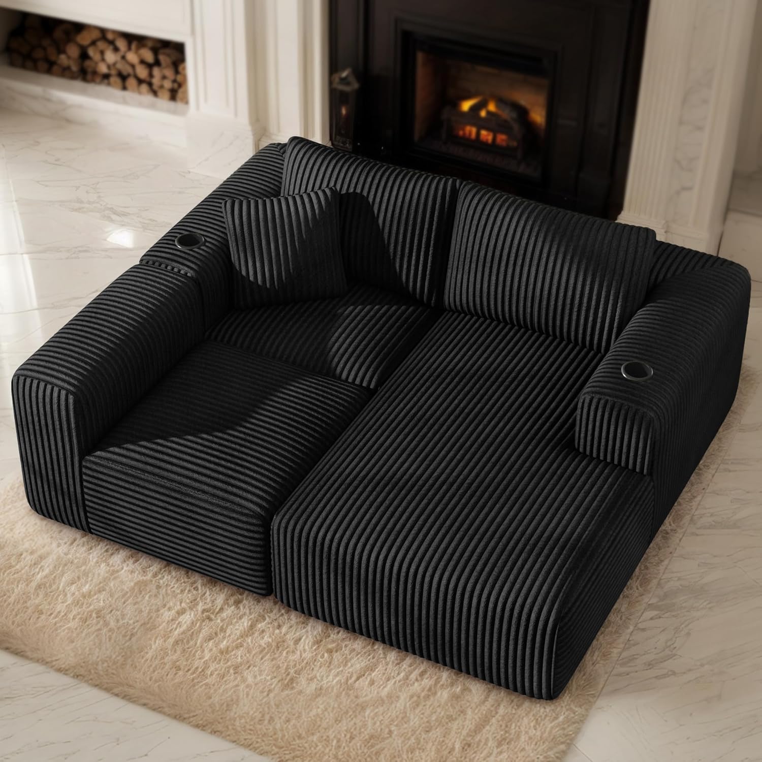 DURASPACE Modulares Sofa, Cloud Boneless Couch mit tiefer Sitzfläche, Getränkehalter, Memory-Schaumstoff, L-förmige Couch aus Cord, ausziehbares Schlafsofa für Wohnzimmer und Schlafzimmer, keine Monta