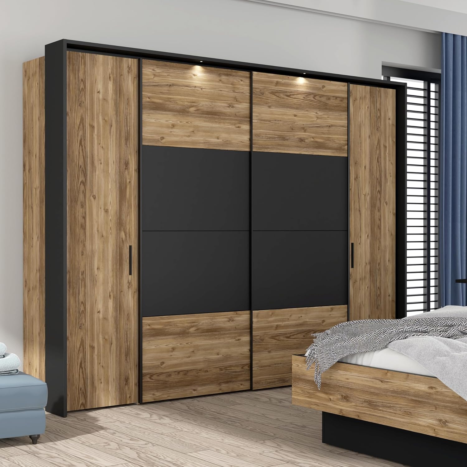 FORTE JABIM Schrank 280, Kleiderschrank mit Passepartout und LED Beleuchtung, Schwebetürenschrank groß Schlafzimmer 4-türig Holzdekor: Alpenfichte/Schwarz, 279 cm breit x 215 cm hoch x 64 cm tief