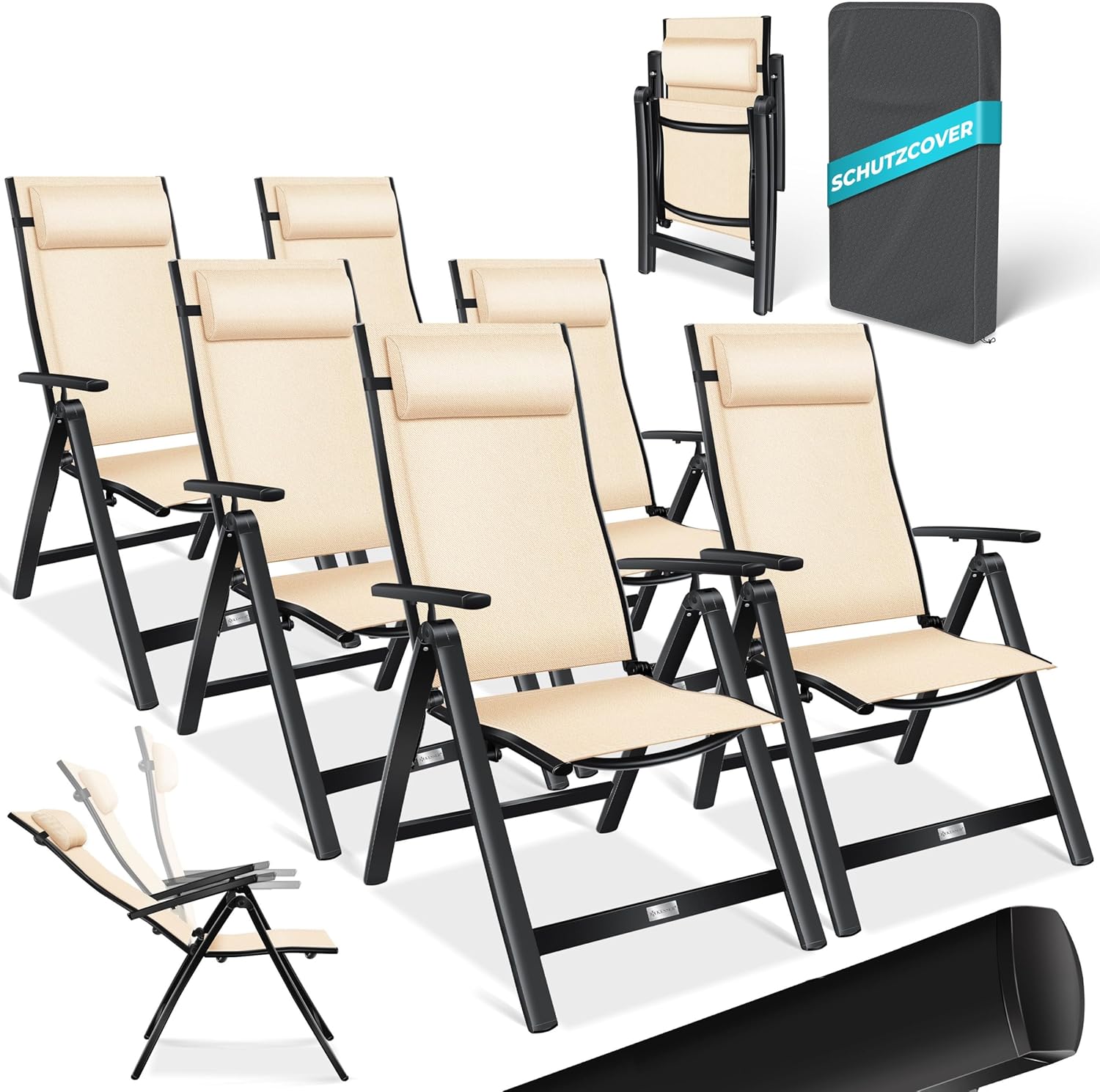 KESSER® Gartenstuhl Hochlehner mit Armlehnen 6er Set Aluminium Klappstuhl mit Kopfkissen & Abdeckung Campingstuhl 7-Fach Verstellbar Rückenlehne Atmungsaktiv Wetterfest Klappbar Anti-Rutsch, Beige