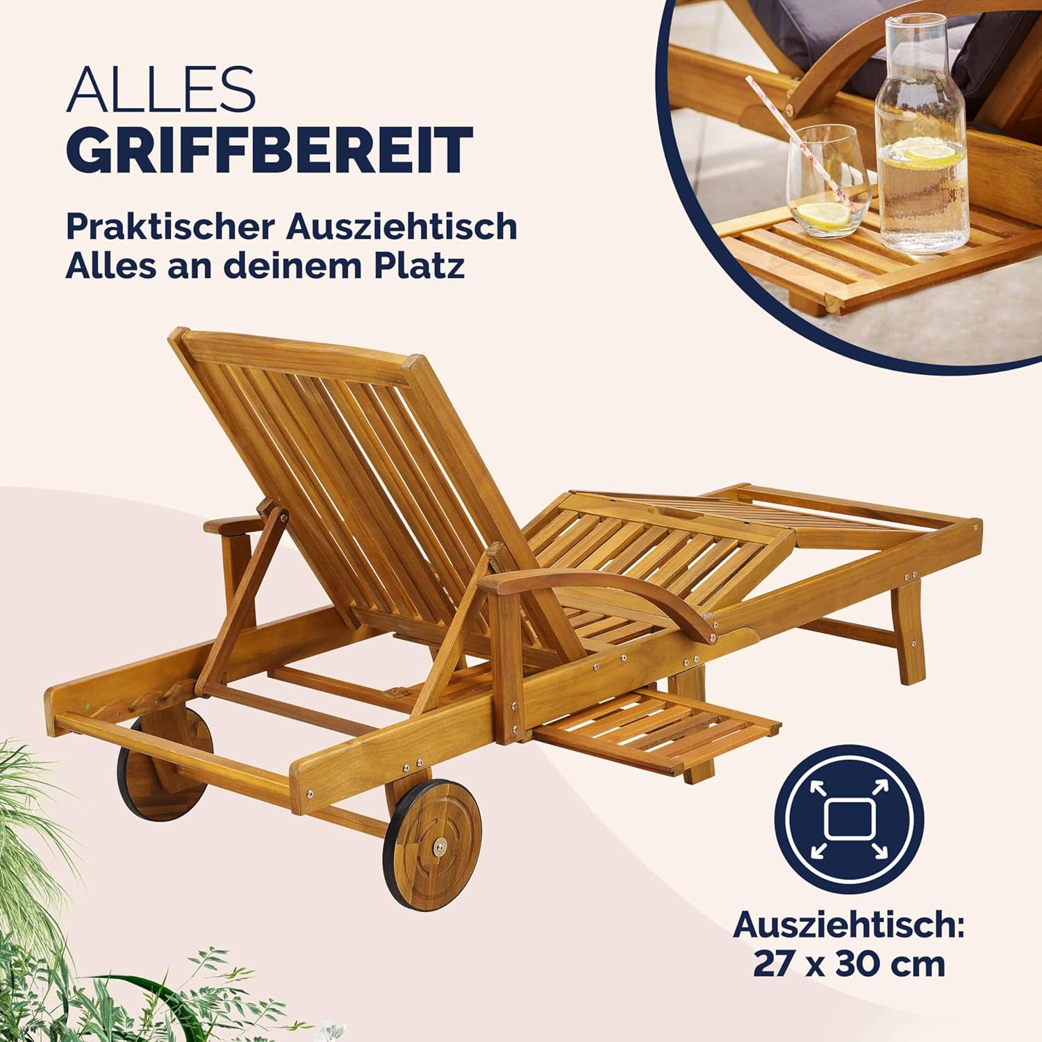 Casaria® Sonnenliege 2er Set Klappbar Wetterfest 2 Personen Holz Gartenliege mit 2 Räder Ablage Tisch Liegestuhl Verstellbare Rücken- Fußlehne Garten 196cm