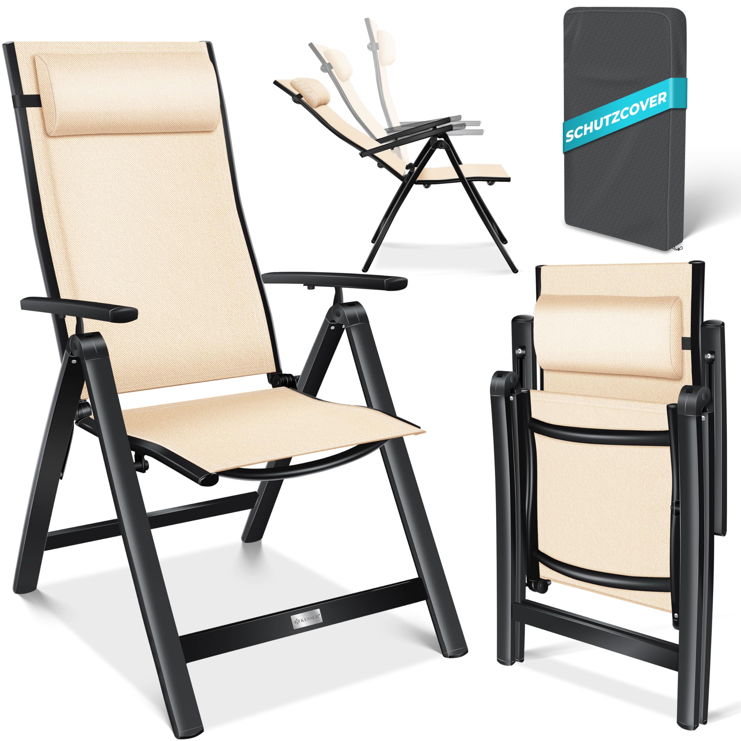 KESSER® Gartenstuhl Hochlehner mit Armlehnen 6er Set Aluminium Klappstuhl mit Kopfkissen & Abdeckung Campingstuhl 7-Fach Verstellbar Rückenlehne Atmungsaktiv Wetterfest Klappbar Anti-Rutsch, Beige