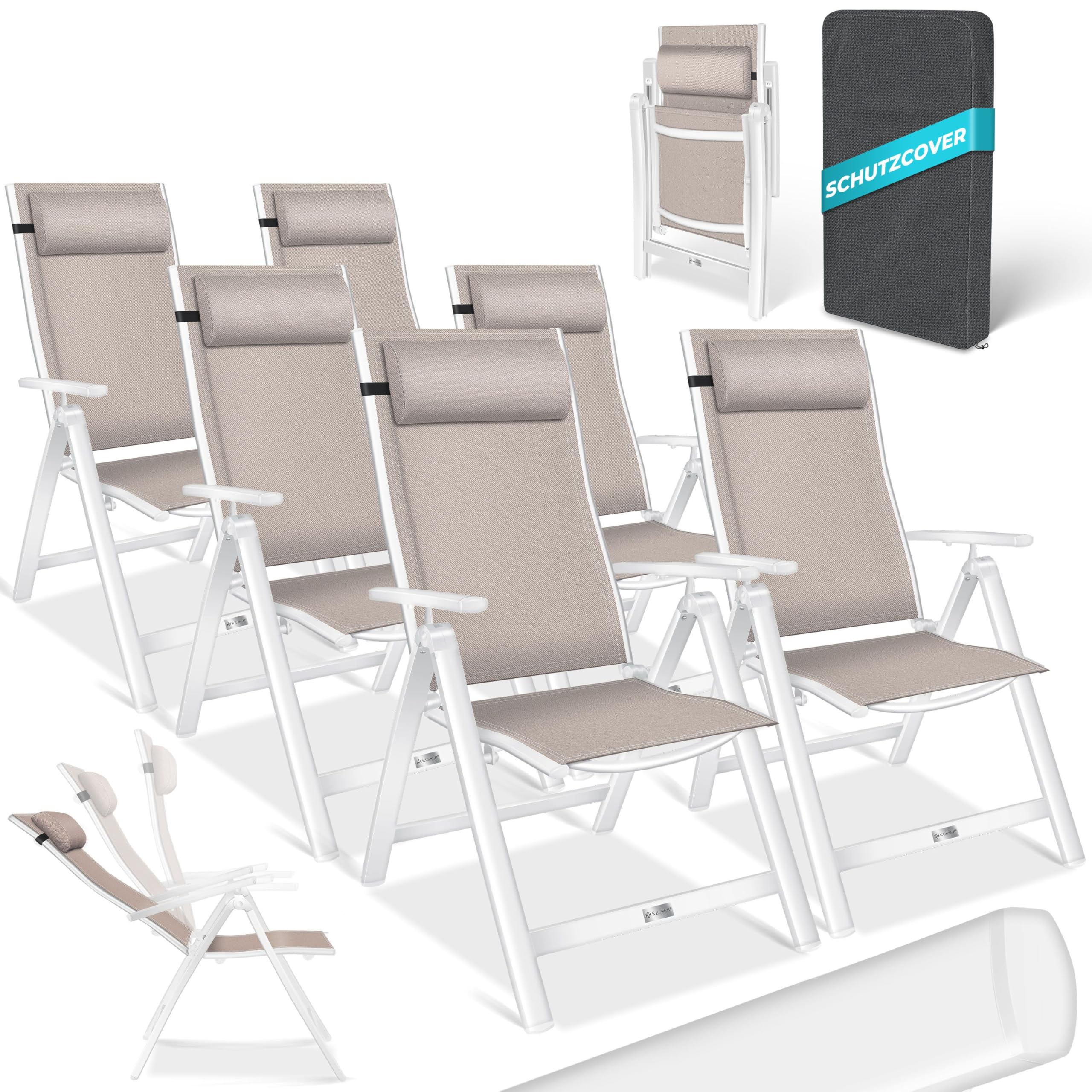 KESSER® Gartenstuhl Hochlehner mit Armlehnen 6er Set Aluminium Klappstuhl mit Kopfkissen & Abdeckung Campingstuhl 7-Fach Verstellbar Rückenlehne Atmungsaktiv Wetterfest Klappbar Anti-Rutsch, Beige