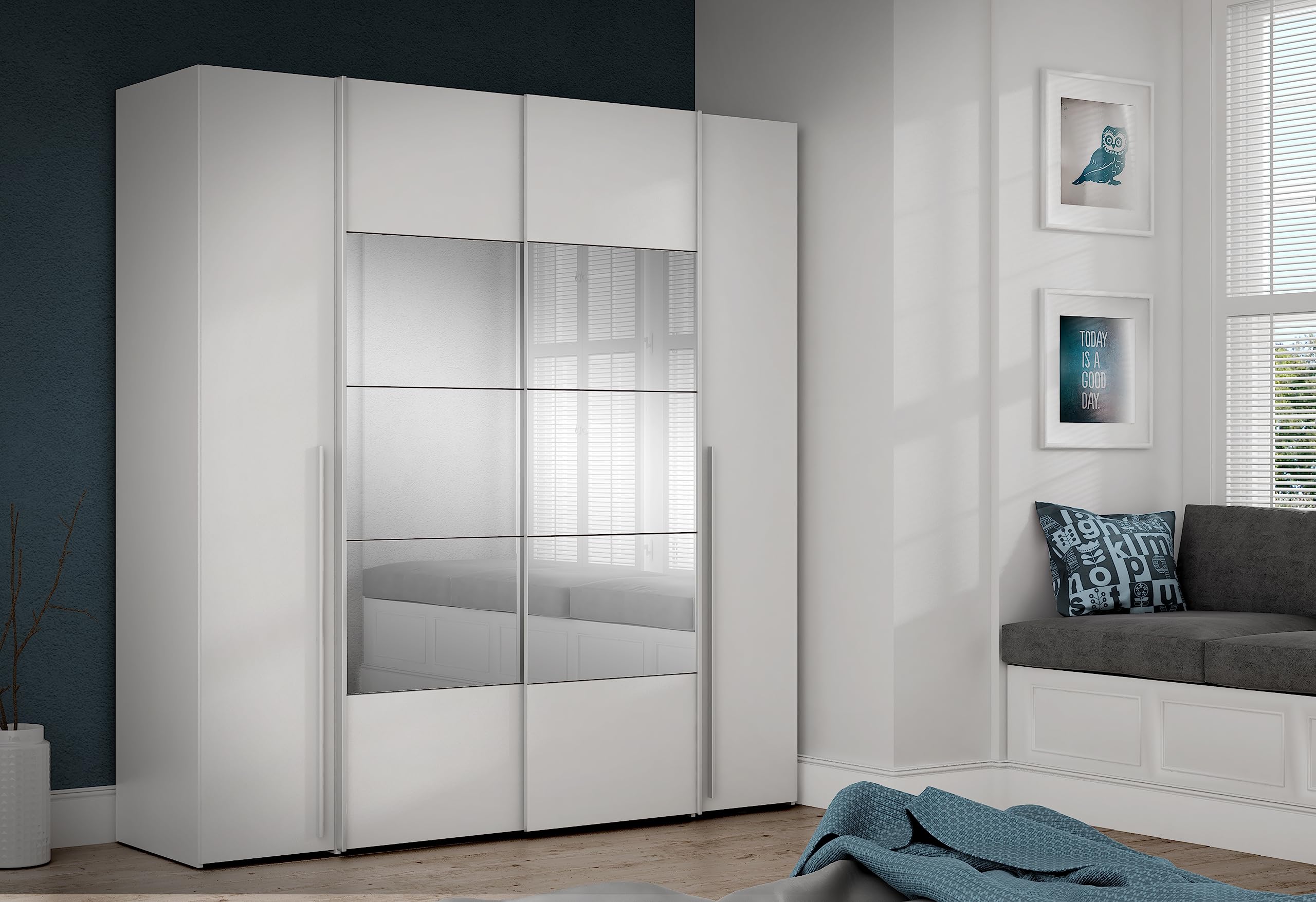 FORTE JABIM Schrank 280, Kleiderschrank mit Passepartout und LED Beleuchtung, Schwebetürenschrank groß Schlafzimmer 4-türig Holzdekor: Alpenfichte/Schwarz, 279 cm breit x 215 cm hoch x 64 cm tief