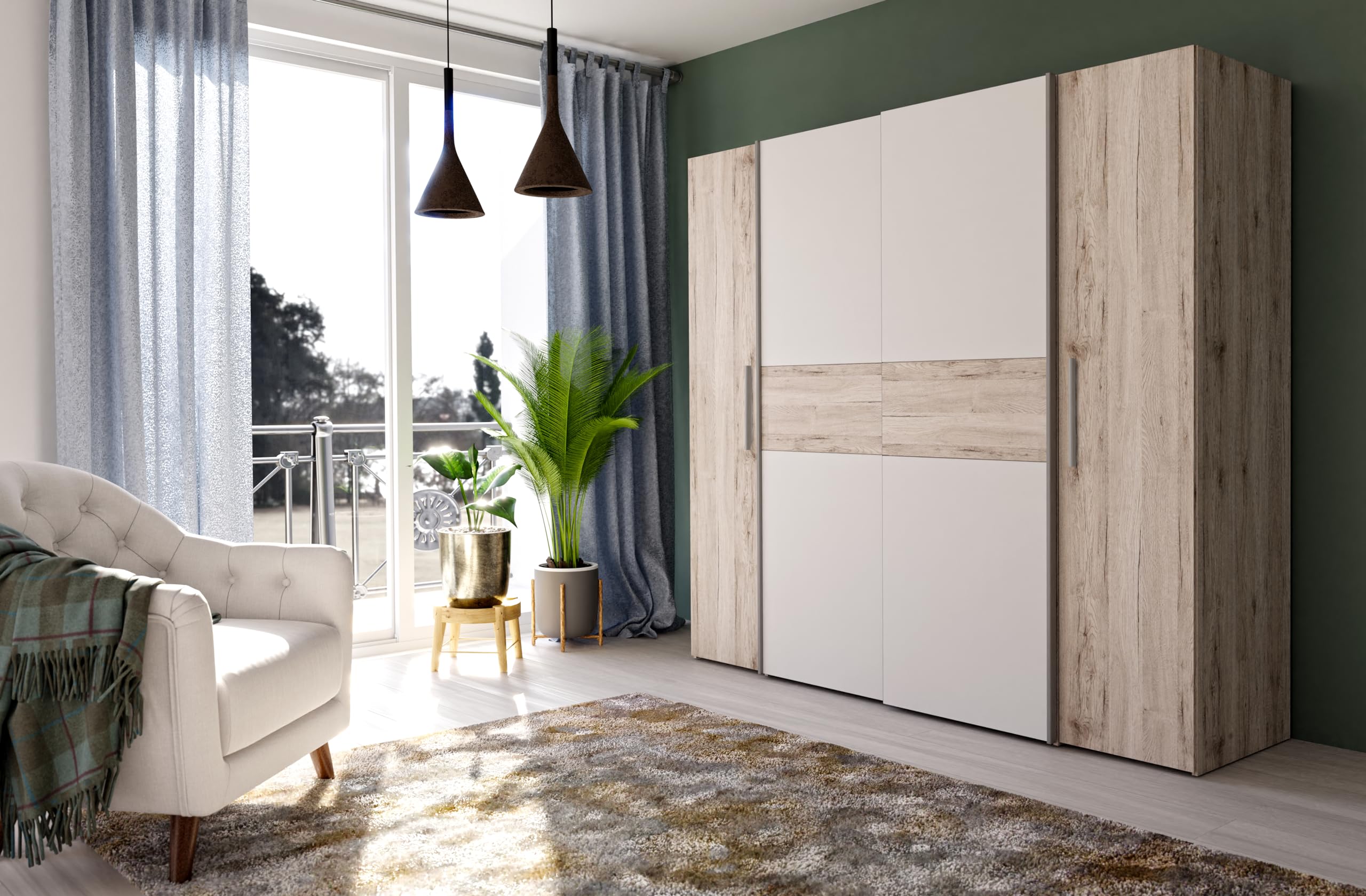 Forte KALIXTUS schwarzer Kleiderschrank 200, moderner Schwebetürenschrank, 4-türig, Holzwerkstoff, Schwarz Matt, 200,1 cm breit x 190,5 cm hoch, 61,2 cm tief