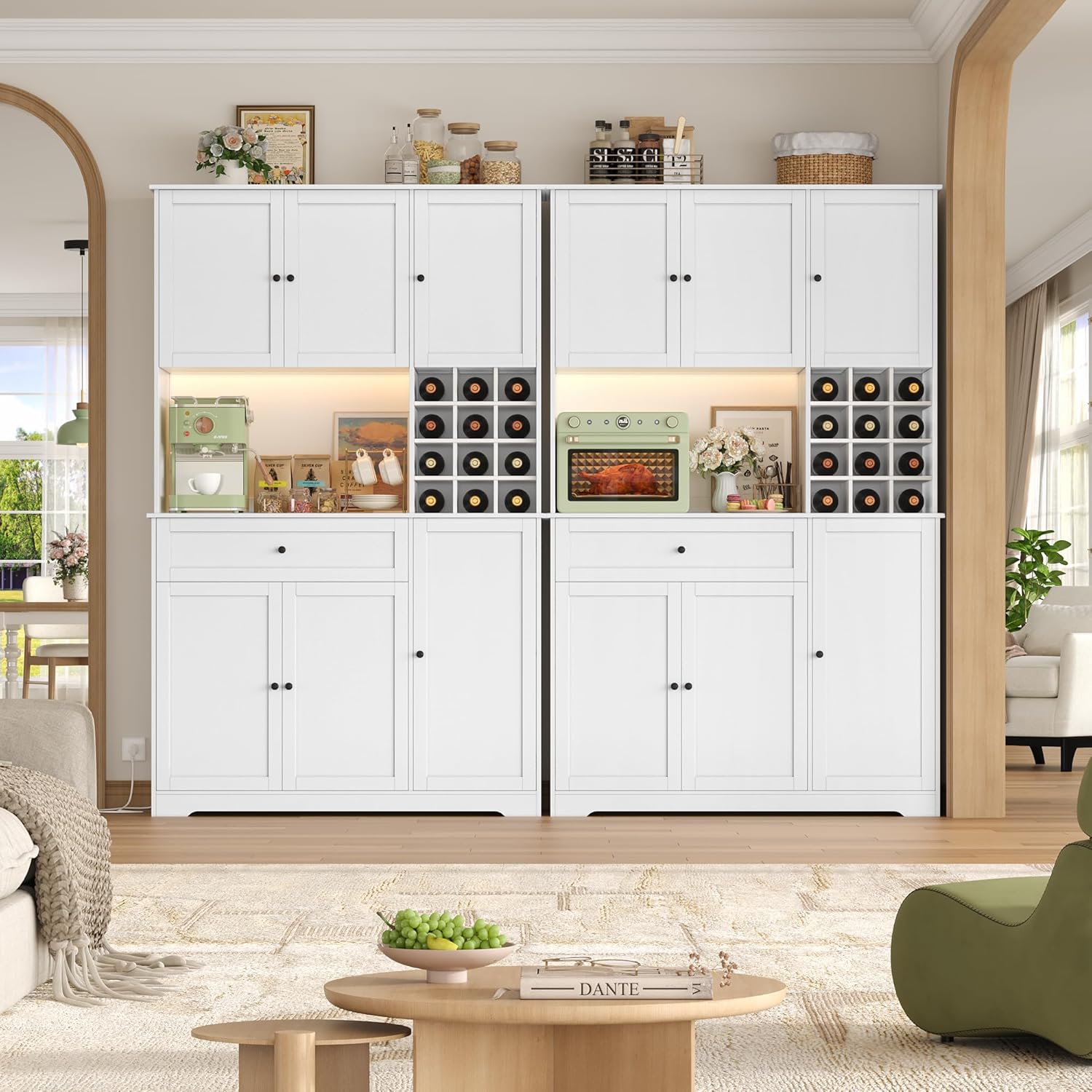 FirFurd Küchenschrank 180cm Buffetschrank mit LED Sideboard für Küche mit Steckdosenleiste Küchenschrank mit Arbeitsplatte & Weinregal für 12 Flaschen Küchenbuffet Küchenmöbel 180x100x39cm weiß