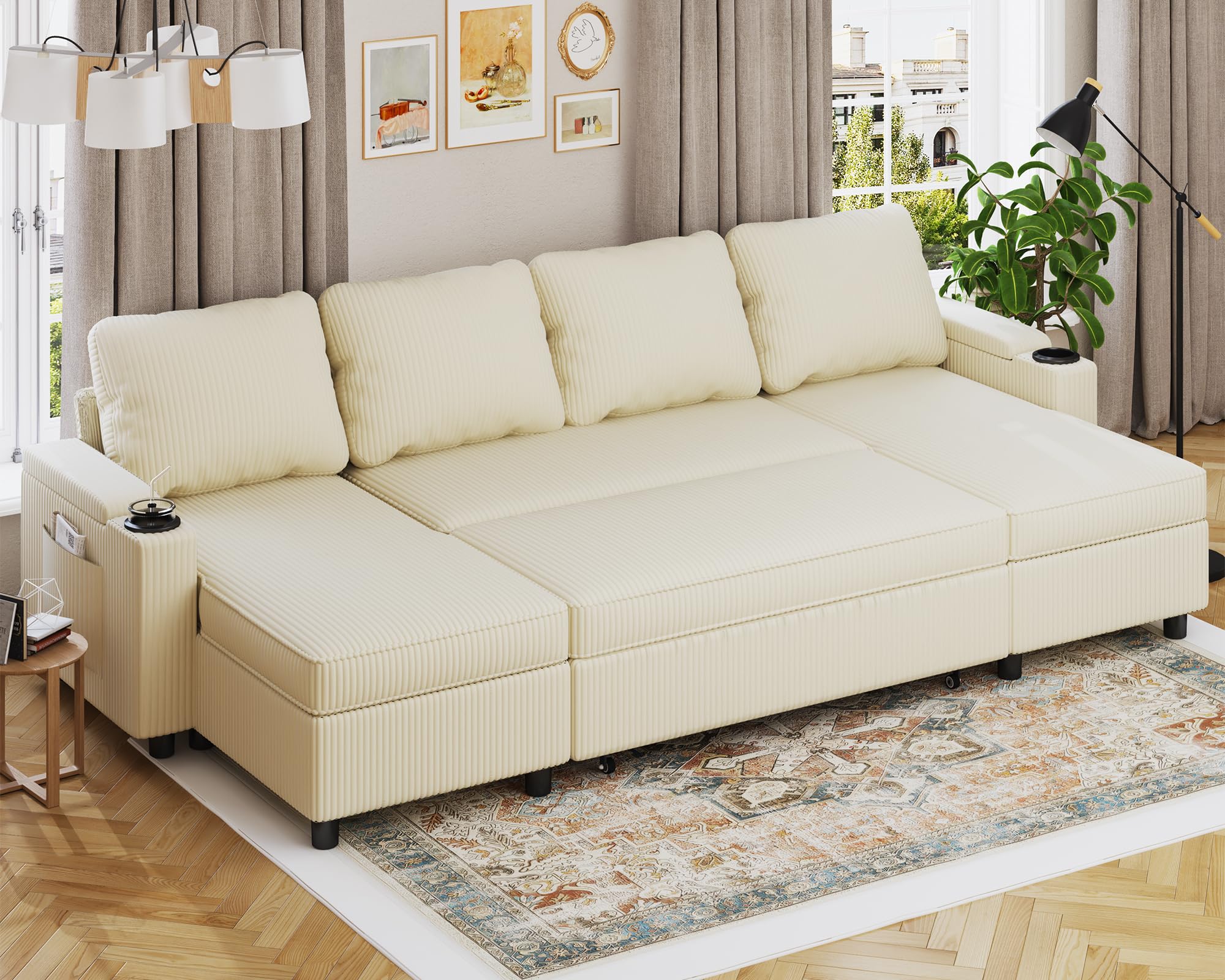 Devoko Ecksofa mit Schlaffunktion und Bettkasten L-Form Sofa 3-Sitzer Ausziehbares Schlafsofa Velours Couch Kleines Schlafcouch für Wohnung und Wohnzimmer, Beige