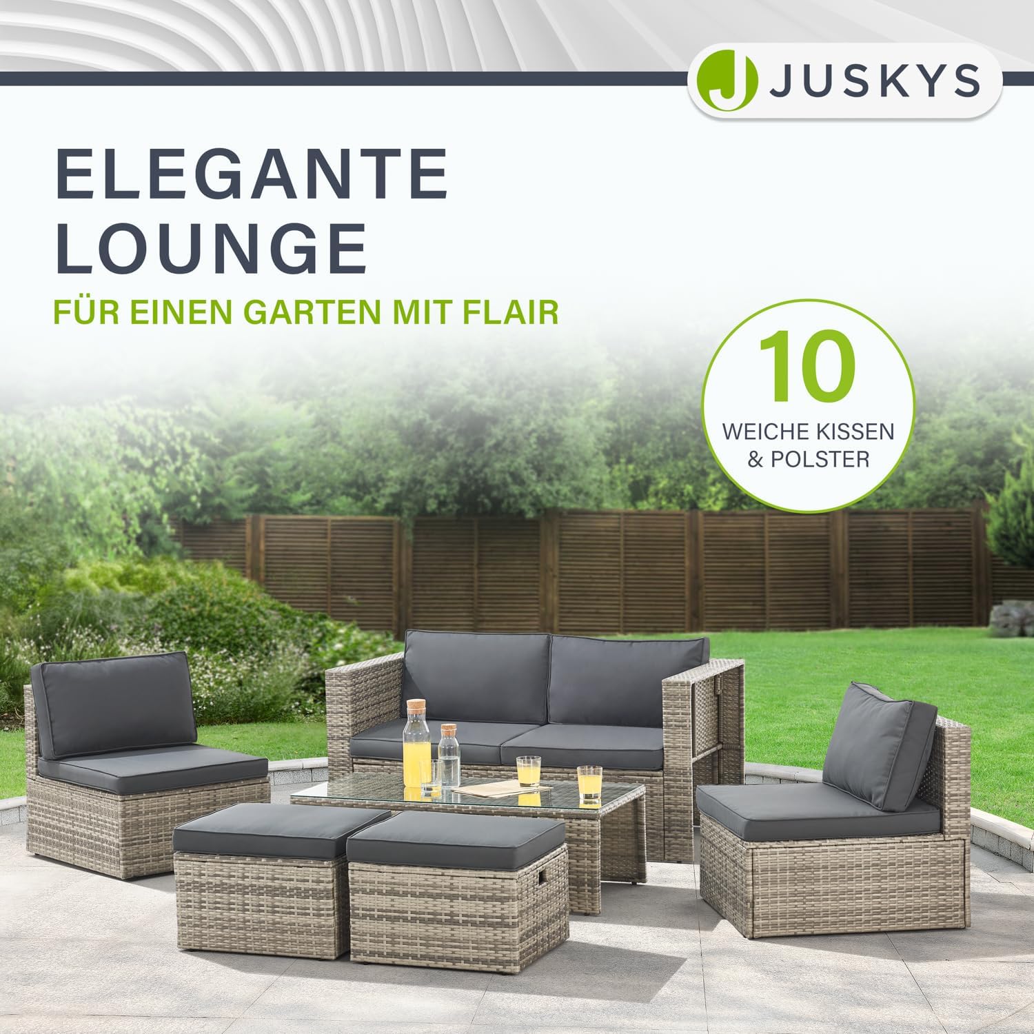 Juskys® Polyrattan Gartenmöbel Set Salou inkl. Abdeckung - Outdoor Lounge wetterfest 6 Personen - Sitzecke mit Tisch & Kissen für Garten, Balkon, Terrasse - Grau