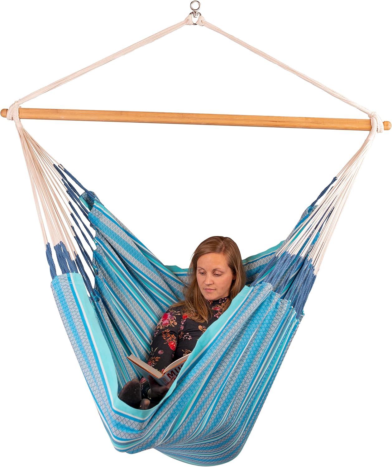 La Siesta®- Habana Hängesessel Kingsize Size für Entspannung & Stil: 360° Drehgelenk, hochwertiges Bambusholz - GOTS-zertifizierte Baumwolle. (Azure)
