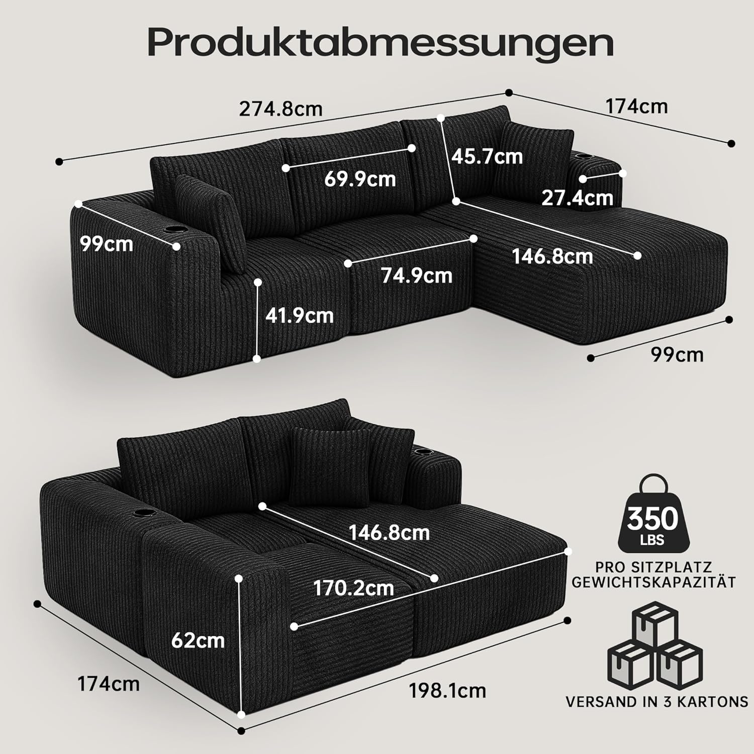 DURASPACE Modulares Sofa, Cloud Boneless Couch mit tiefer Sitzfläche, Getränkehalter, Memory-Schaumstoff, L-förmige Couch aus Cord, ausziehbares Schlafsofa für Wohnzimmer und Schlafzimmer, keine Monta