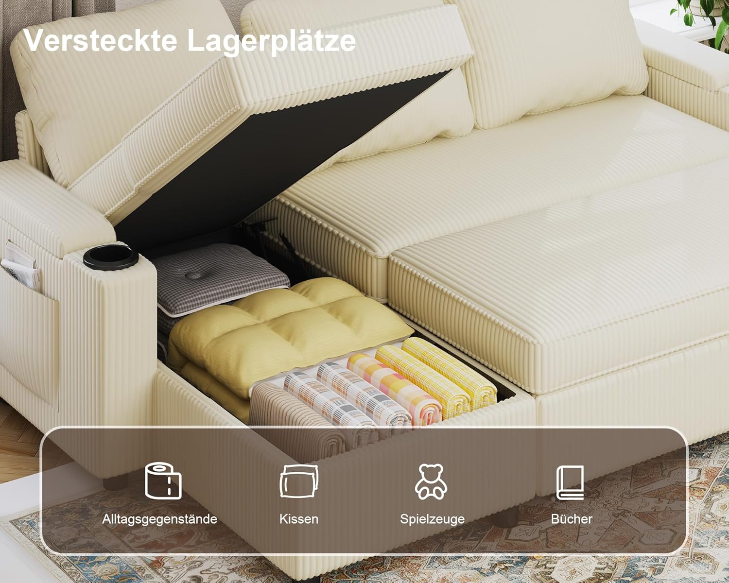 Devoko Ecksofa mit Schlaffunktion und Bettkasten L-Form Sofa 3-Sitzer Ausziehbares Schlafsofa Velours Couch Kleines Schlafcouch für Wohnung und Wohnzimmer, Beige