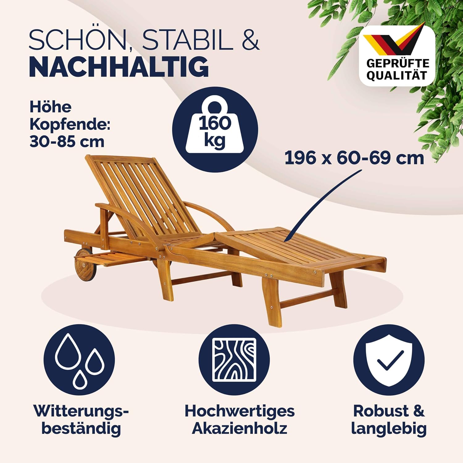 Casaria® Sonnenliege 2er Set Klappbar Wetterfest 2 Personen Holz Gartenliege mit 2 Räder Ablage Tisch Liegestuhl Verstellbare Rücken- Fußlehne Garten 196cm