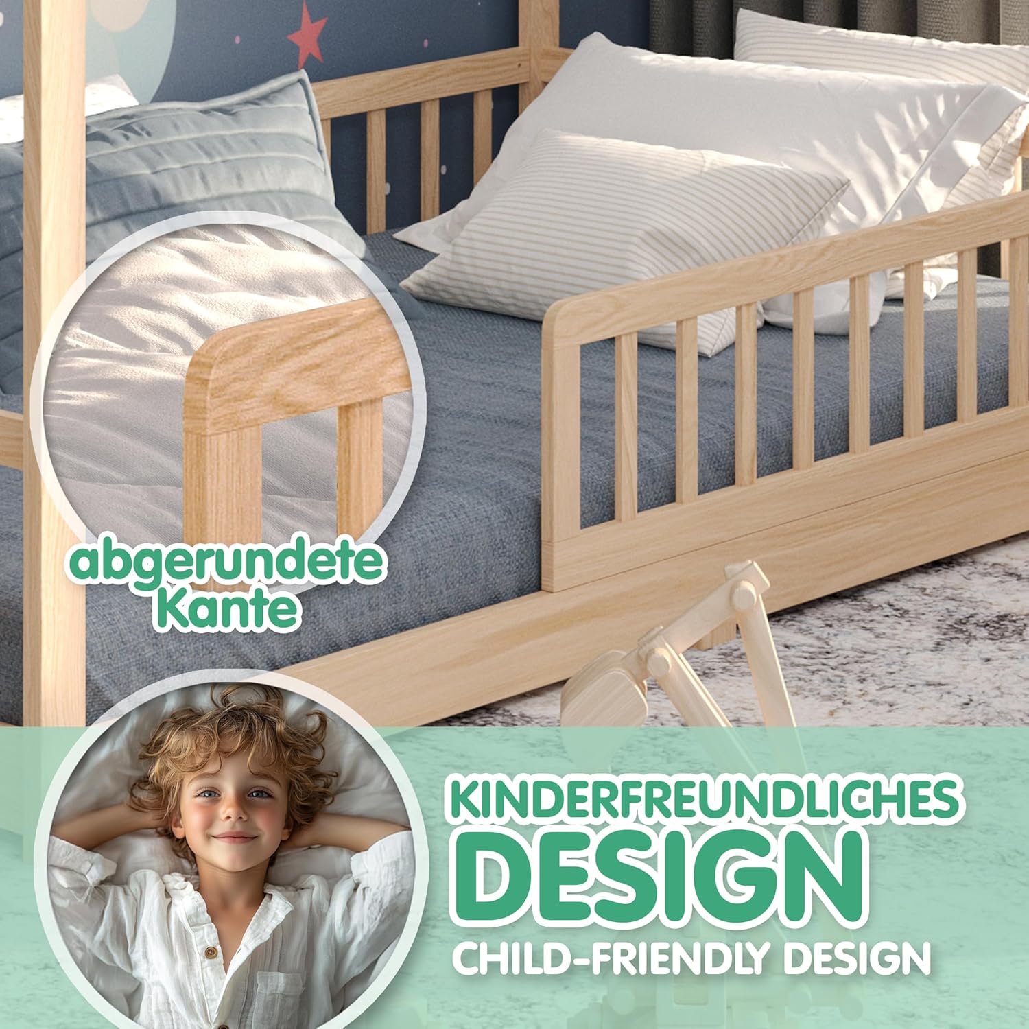CADANI Malte Kinderbett 120x200 cm – Hausbett mit abnehmbarem Rausfallschutz, bis 200 kg belastbar, Roll-Lattenrost, Montessori Bodenbett aus Massivholz Kiefer, Natur