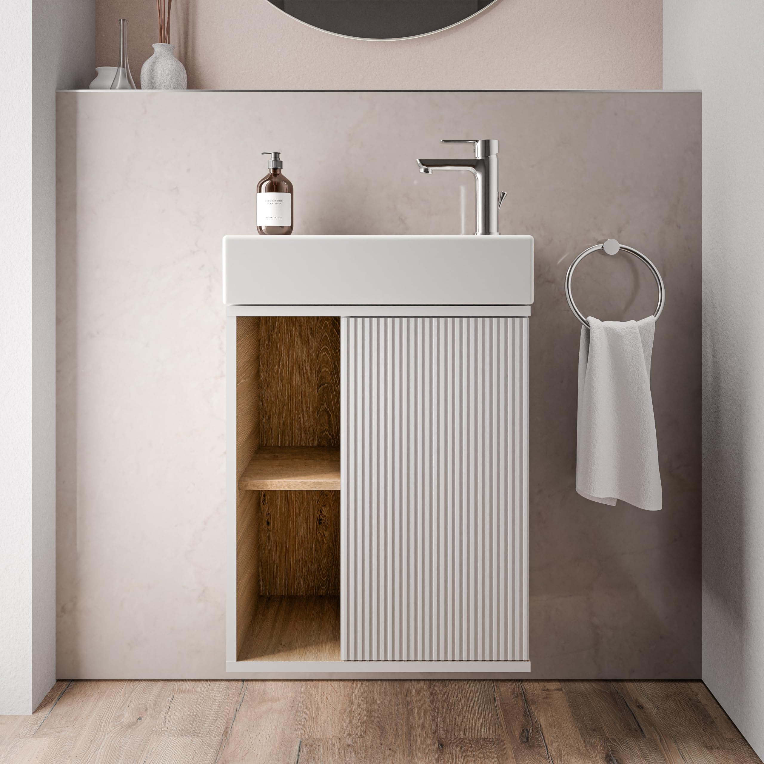BERNSTEIN Beldivo Small Bathroom Furniture Set Matte Silk Grey 50 x 24.3 x 60 cm Vanity Unit with Duravit Ceramic Basin, Door Hinge Left, Push-to-Open Pre-Assembled