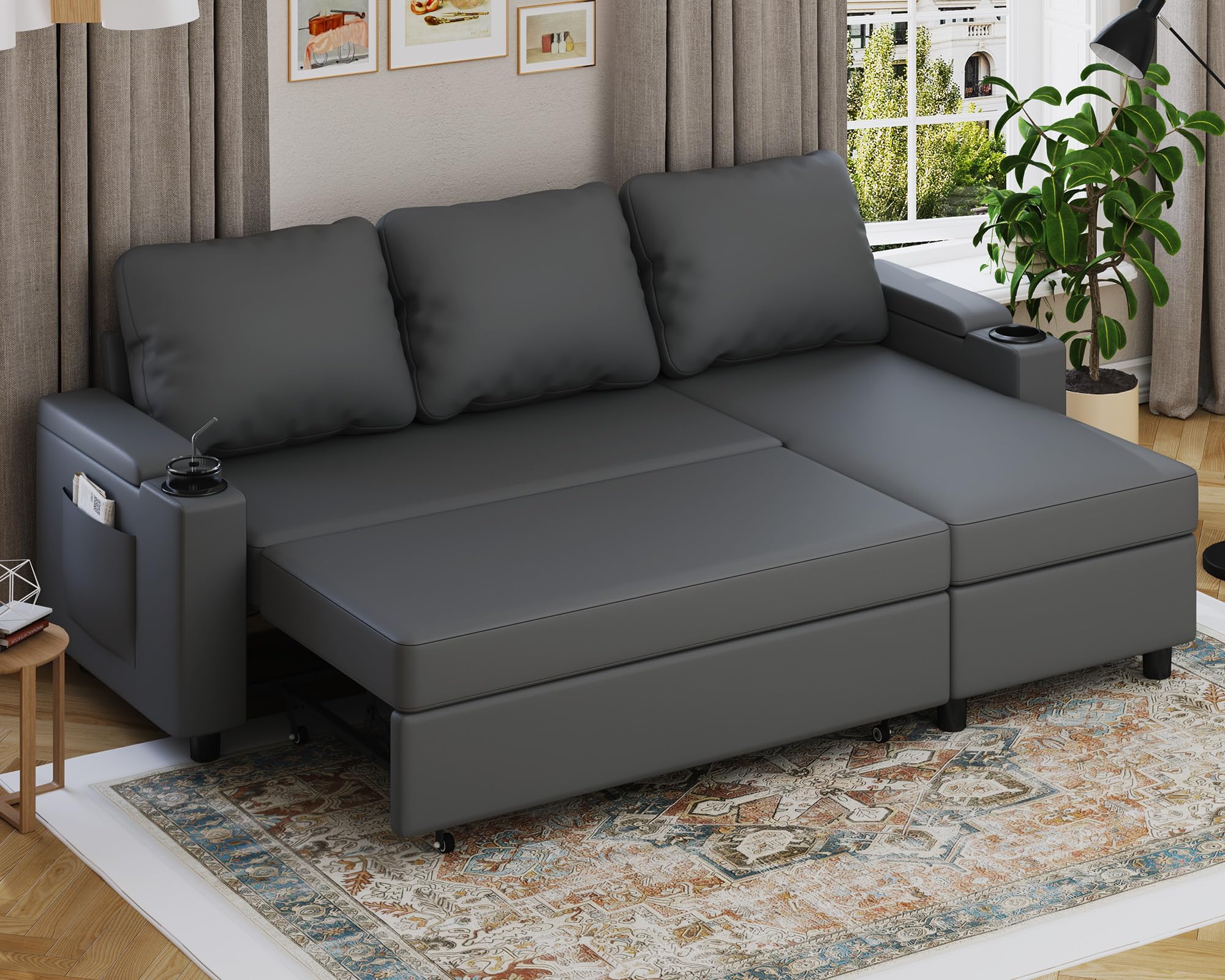 Devoko Ecksofa mit Schlaffunktion und Bettkasten L-Form Sofa 3-Sitzer Ausziehbares Schlafsofa Velours Couch Kleines Schlafcouch für Wohnung und Wohnzimmer, Beige
