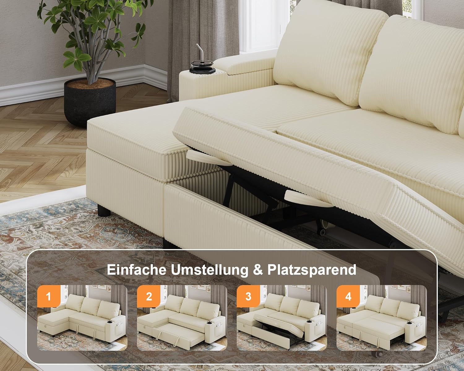 Devoko Ecksofa mit Schlaffunktion und Bettkasten L-Form Sofa 3-Sitzer Ausziehbares Schlafsofa Velours Couch Kleines Schlafcouch für Wohnung und Wohnzimmer, Beige