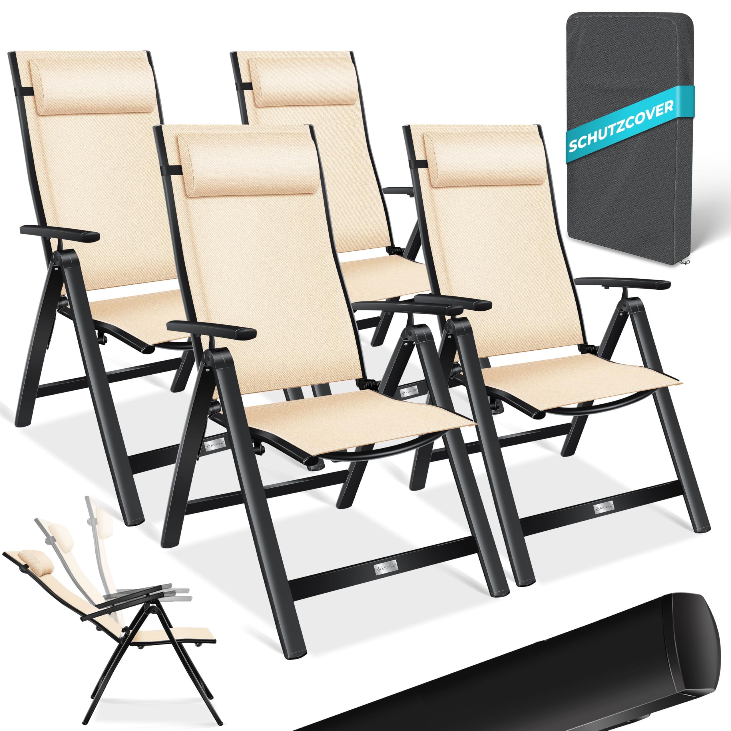 KESSER® Gartenstuhl Hochlehner mit Armlehnen 6er Set Aluminium Klappstuhl mit Kopfkissen & Abdeckung Campingstuhl 7-Fach Verstellbar Rückenlehne Atmungsaktiv Wetterfest Klappbar Anti-Rutsch, Beige