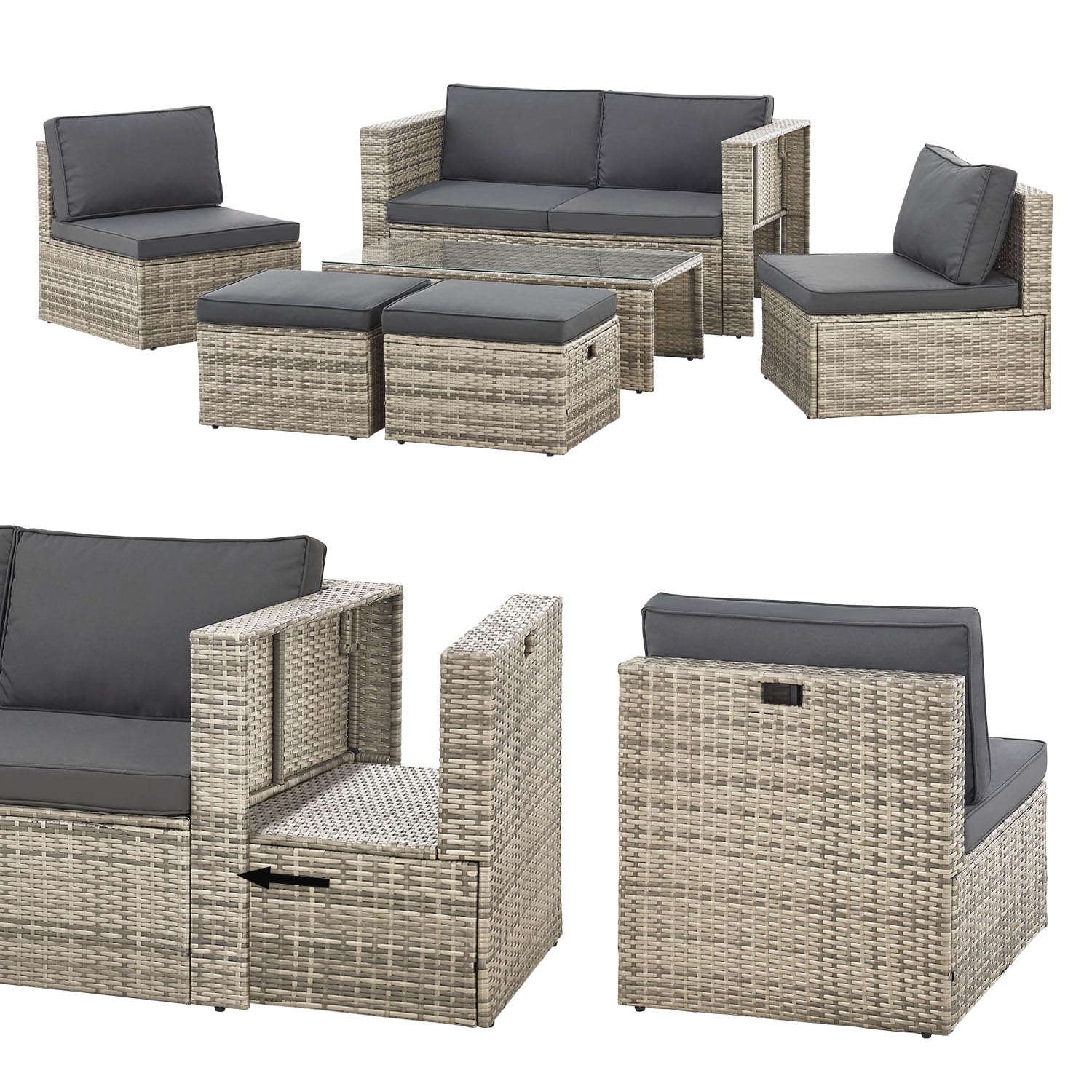 Juskys® Polyrattan Gartenmöbel Set Salou inkl. Abdeckung - Outdoor Lounge wetterfest 6 Personen - Sitzecke mit Tisch & Kissen für Garten, Balkon, Terrasse - Grau