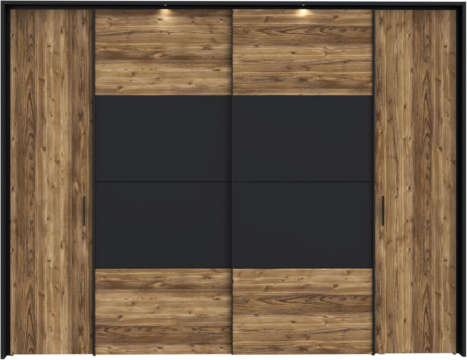FORTE JABIM Schrank 280, Kleiderschrank mit Passepartout und LED Beleuchtung, Schwebetürenschrank groß Schlafzimmer 4-türig Holzdekor: Alpenfichte/Schwarz, 279 cm breit x 215 cm hoch x 64 cm tief