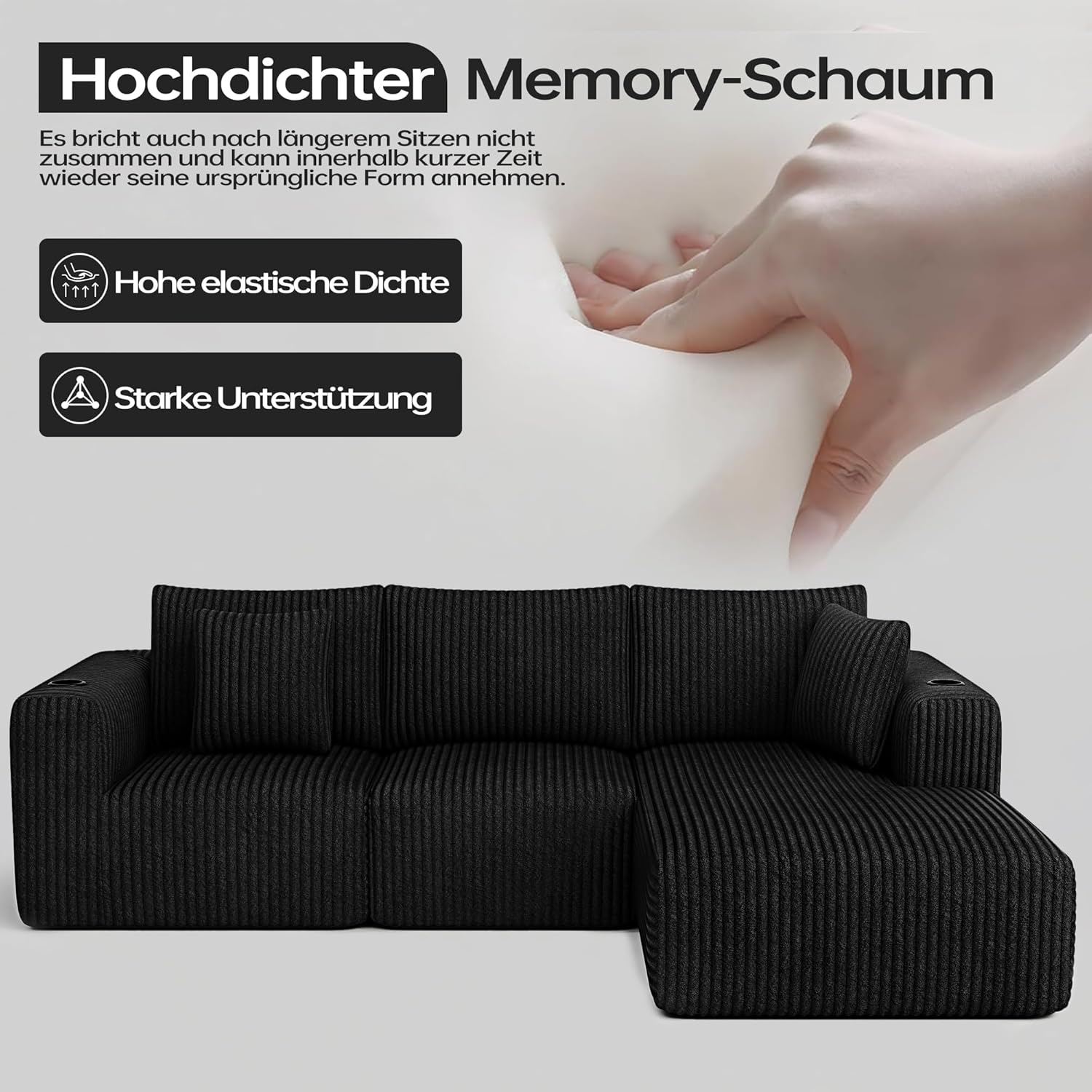 DURASPACE Modulares Sofa, Cloud Boneless Couch mit tiefer Sitzfläche, Getränkehalter, Memory-Schaumstoff, L-förmige Couch aus Cord, ausziehbares Schlafsofa für Wohnzimmer und Schlafzimmer, keine Monta