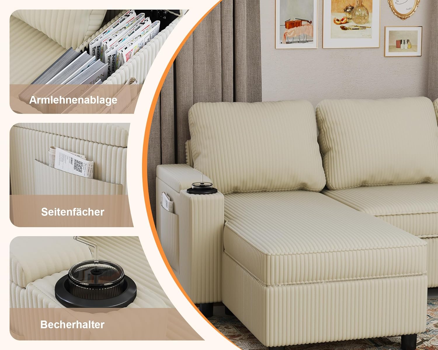 Devoko Ecksofa mit Schlaffunktion und Bettkasten L-Form Sofa 3-Sitzer Ausziehbares Schlafsofa Velours Couch Kleines Schlafcouch für Wohnung und Wohnzimmer, Beige
