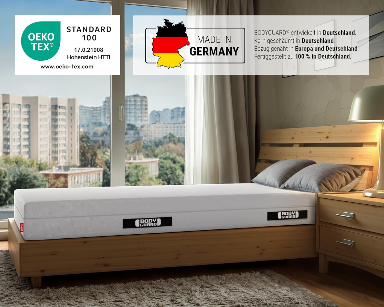 Bodyguard Schaumstoff Anti-Kartell-Matratze (mittelfest, 90x200 cm, 2in1 Härtegrade mittelfest & Fester, Bezug waschbar bis 60 Grad, Oeko-TEX® 100, Ergonomiemodule, QXSchaum)