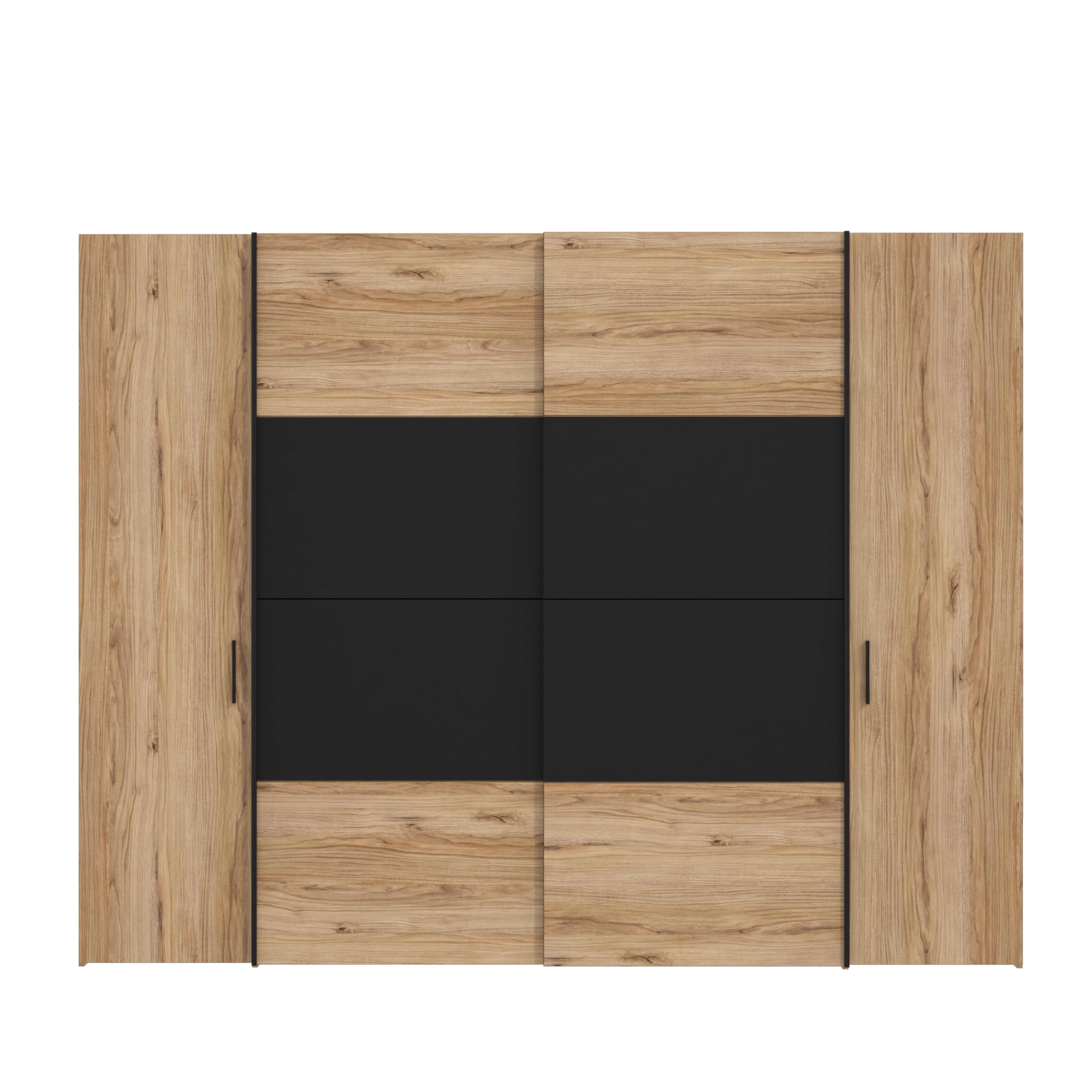 FORTE JABIM Schrank 280, Kleiderschrank mit Passepartout und LED Beleuchtung, Schwebetürenschrank groß Schlafzimmer 4-türig Holzdekor: Alpenfichte/Schwarz, 279 cm breit x 215 cm hoch x 64 cm tief