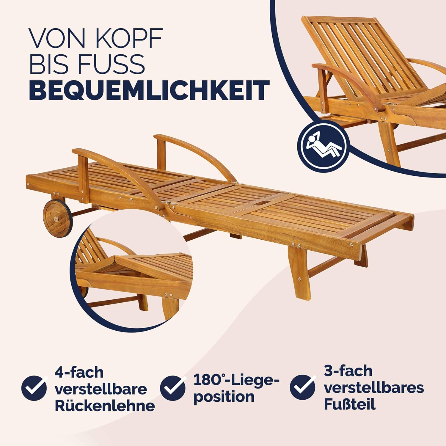 Casaria® Sonnenliege 2er Set Klappbar Wetterfest 2 Personen Holz Gartenliege mit 2 Räder Ablage Tisch Liegestuhl Verstellbare Rücken- Fußlehne Garten 196cm