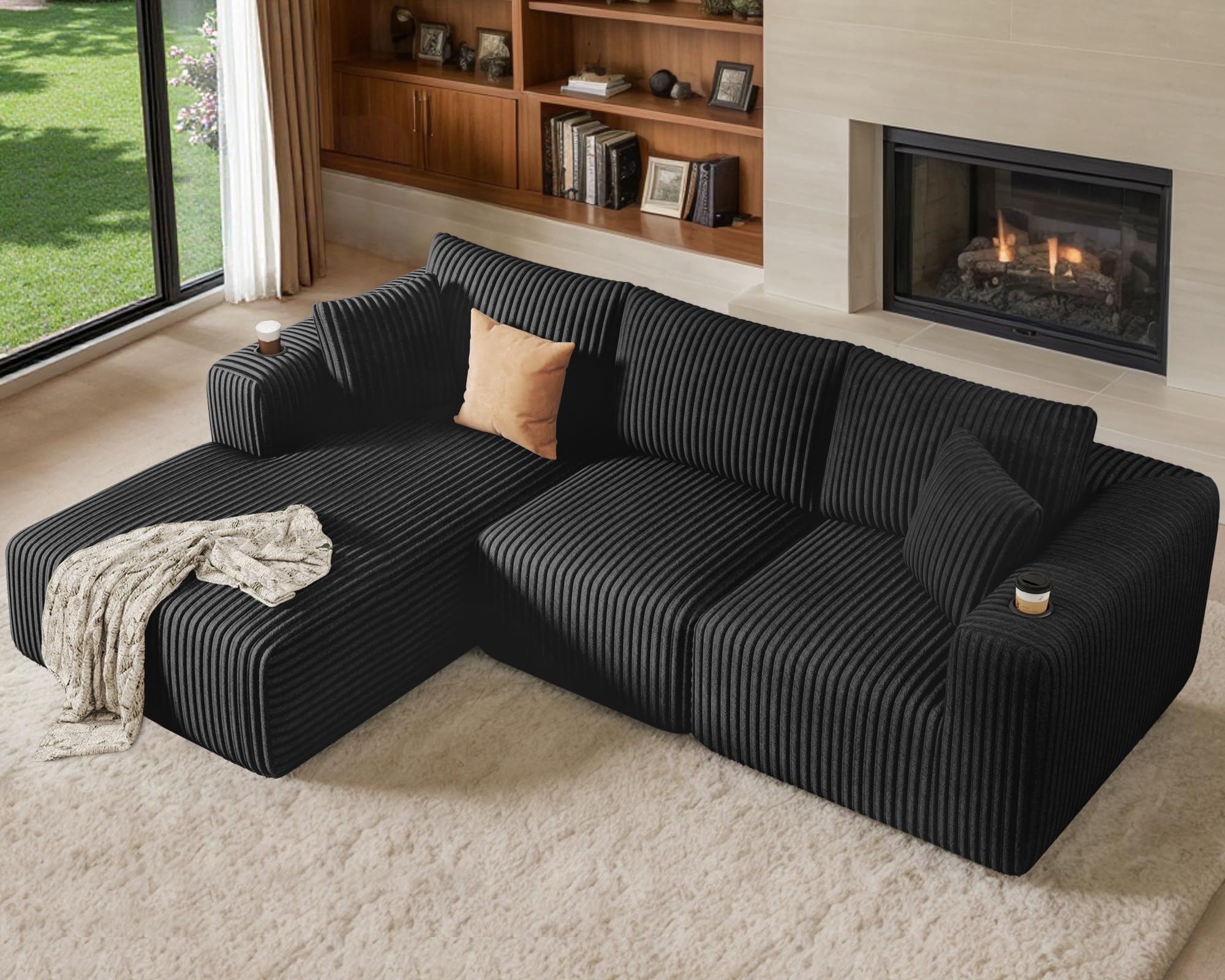 DURASPACE Modulares Sofa, Cloud Boneless Couch mit tiefer Sitzfläche, Getränkehalter, Memory-Schaumstoff, L-förmige Couch aus Cord, ausziehbares Schlafsofa für Wohnzimmer und Schlafzimmer, keine Monta