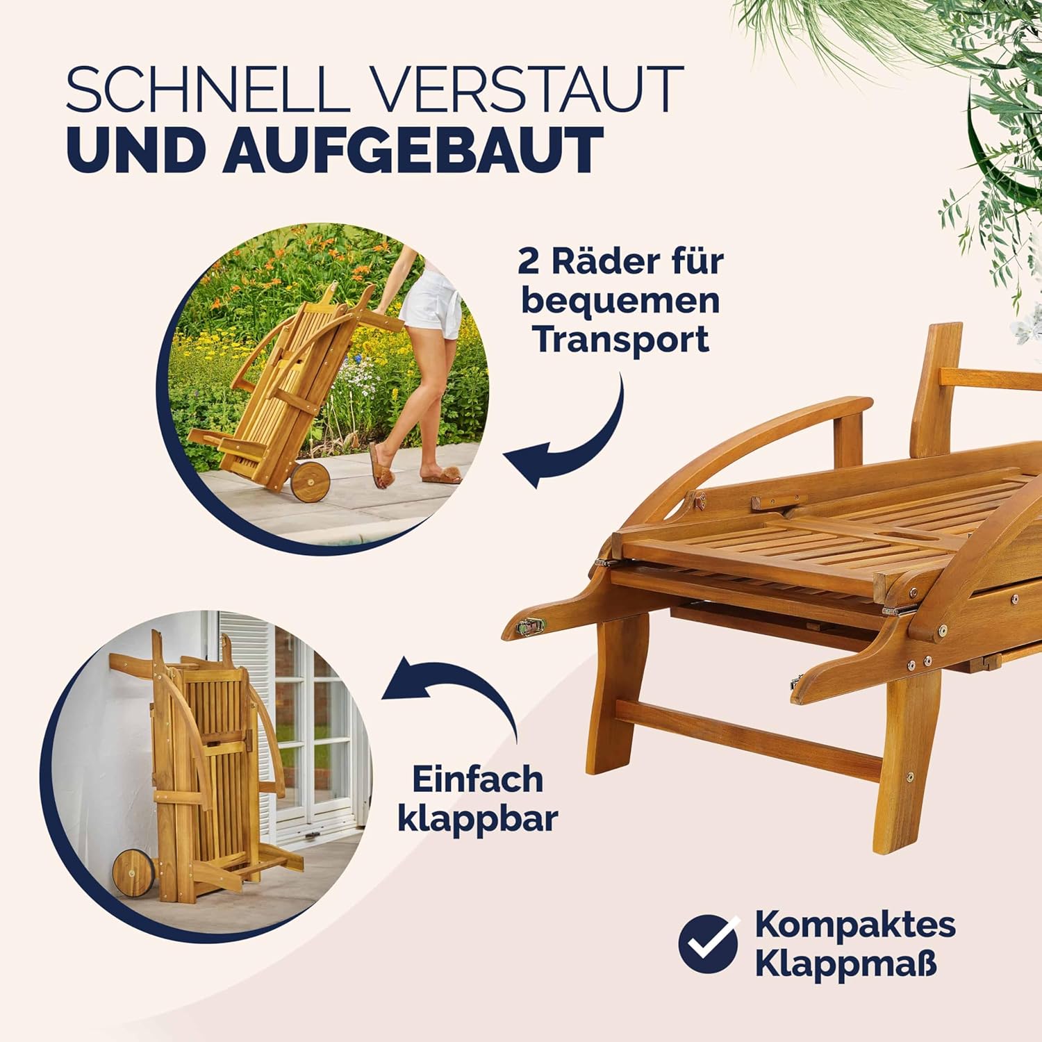 Casaria® Sonnenliege 2er Set Klappbar Wetterfest 2 Personen Holz Gartenliege mit 2 Räder Ablage Tisch Liegestuhl Verstellbare Rücken- Fußlehne Garten 196cm