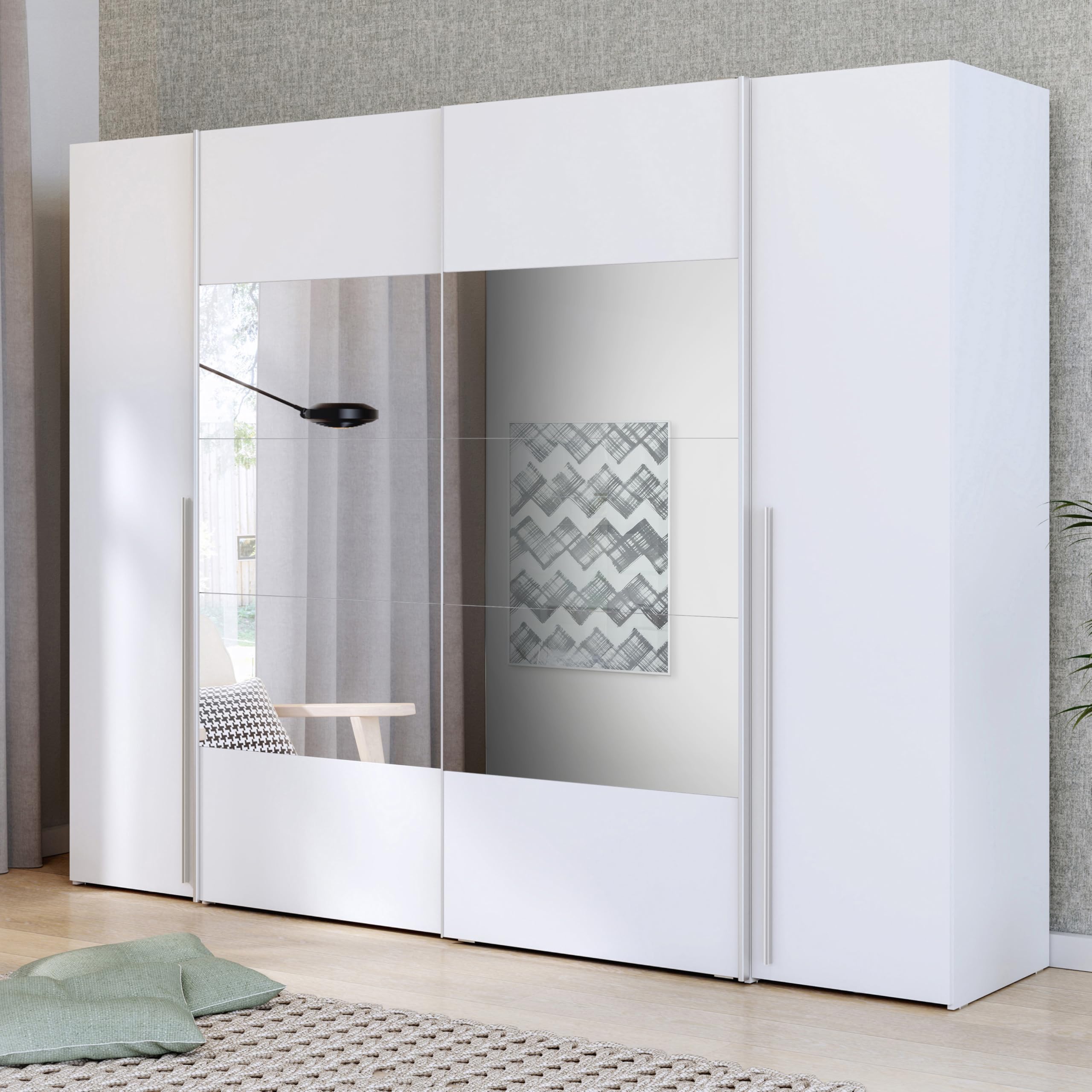 FORTE JABIM Schrank 280, Kleiderschrank mit Passepartout und LED Beleuchtung, Schwebetürenschrank groß Schlafzimmer 4-türig Holzdekor: Alpenfichte/Schwarz, 279 cm breit x 215 cm hoch x 64 cm tief
